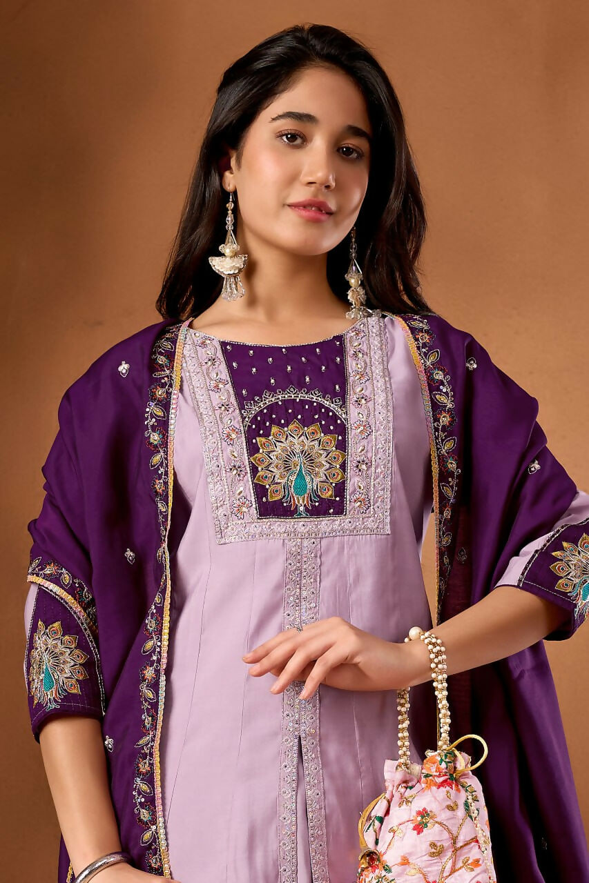 Lehenga Mart Designer Front-Slit Kurta, Paired With Wide-Leg Palazzo Pants And A Dupatta.-Lavender