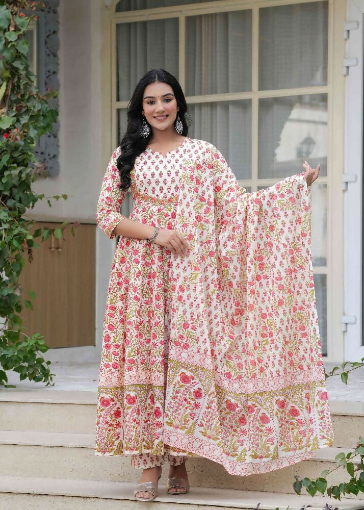 Jaimini Women Cotton Printed Round Neck Calf Length Flared Kurta Pant And Dupatta Set