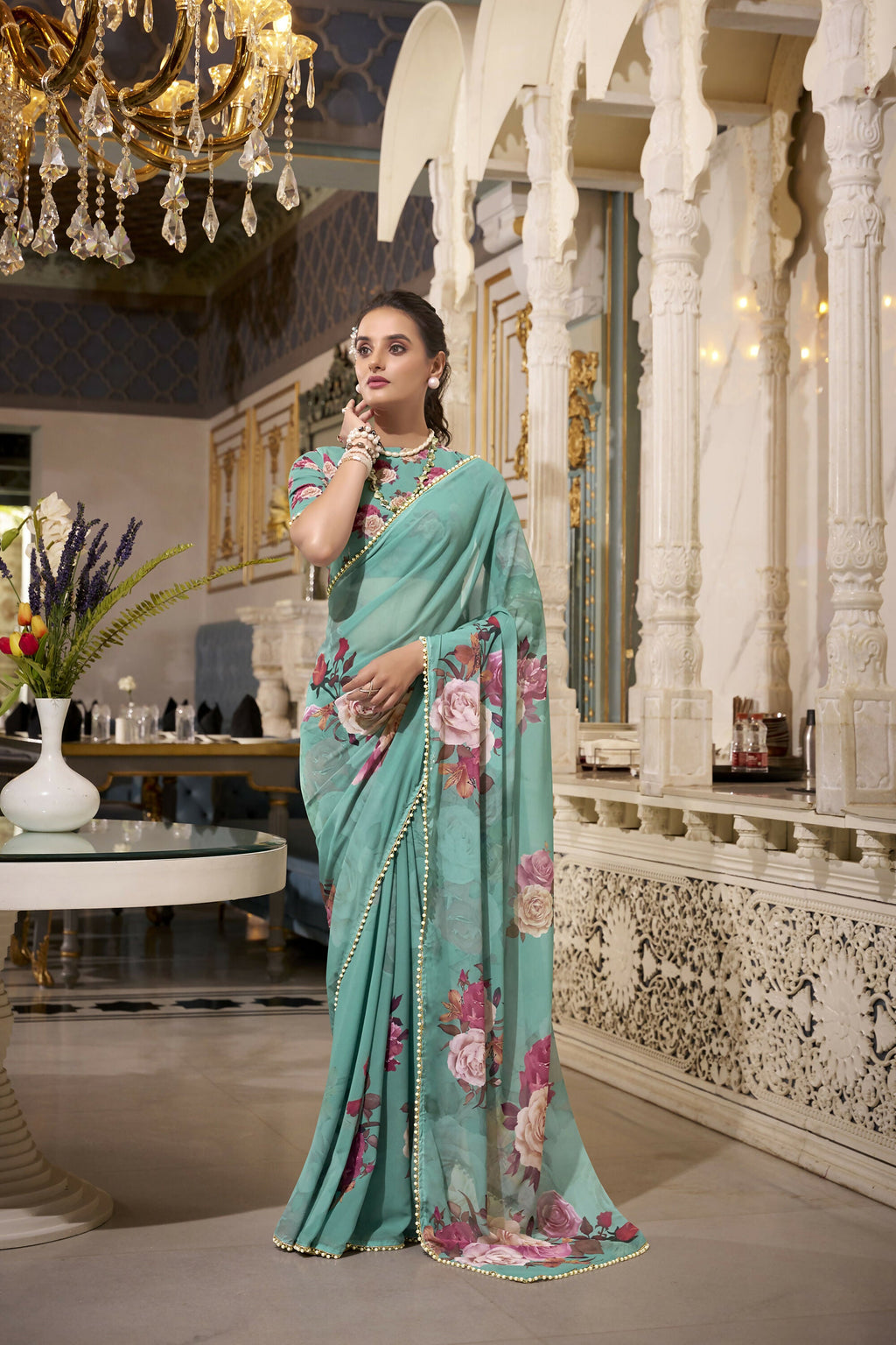 Vastranavya Green Spectacular Georgette Printed with Pearl Lace Saree with Unstitched Blouse