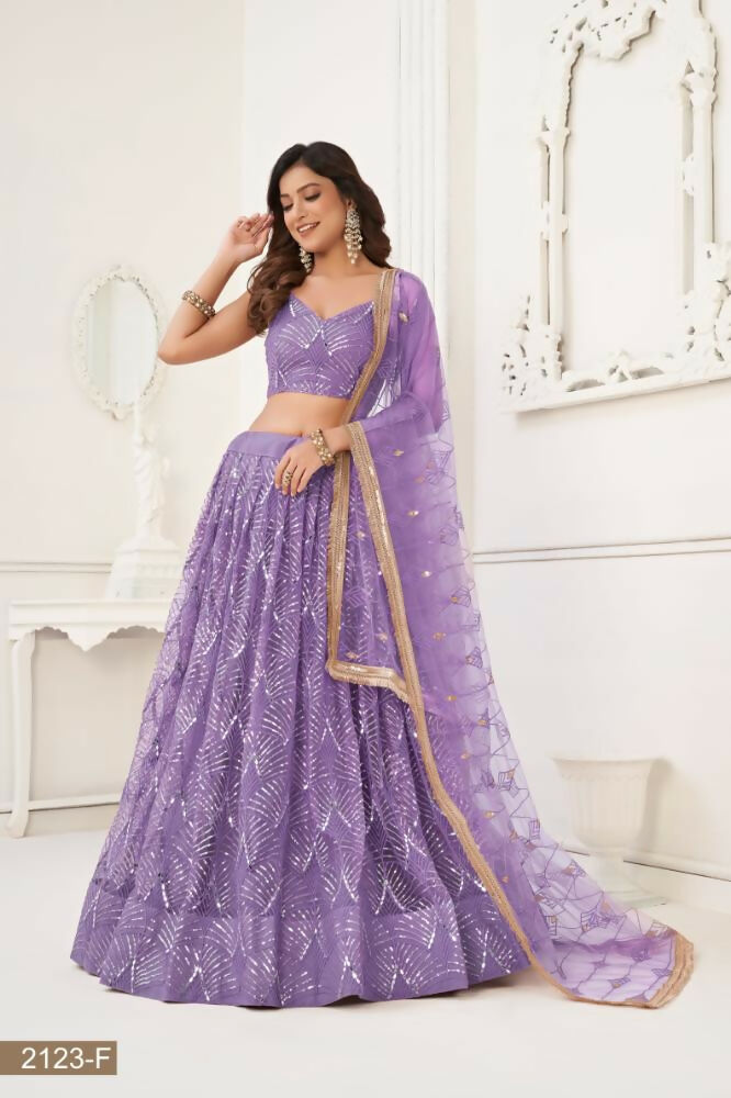 Aastha Fashion Lavender Butterfly Net Tone To Tone Thread Work, Sequence Work And Original Mirror Work Embroidery Wedding Wear Lehenga Choli
