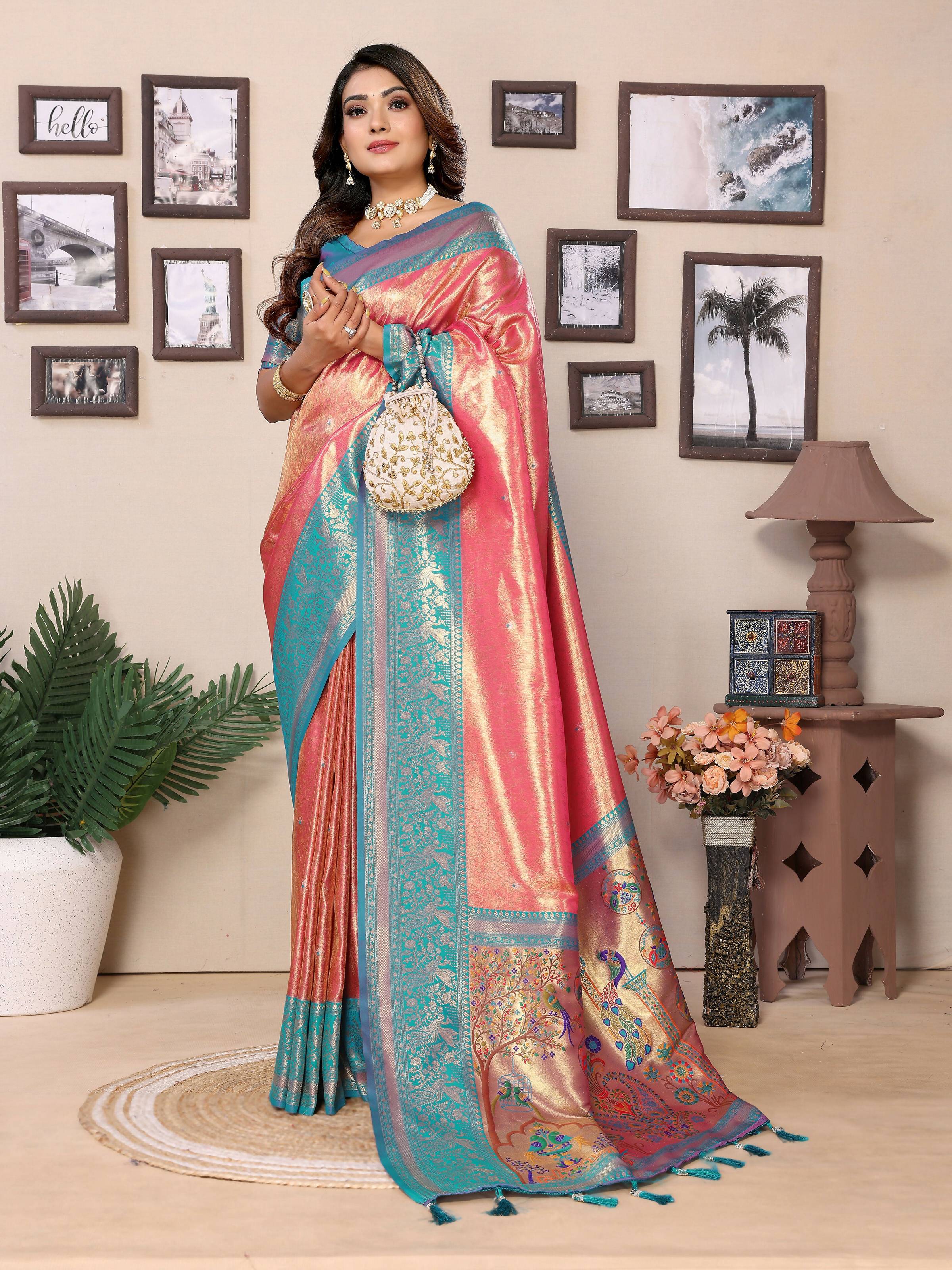 Aastha Fashion Pink Tissue Silk Weaving Saree