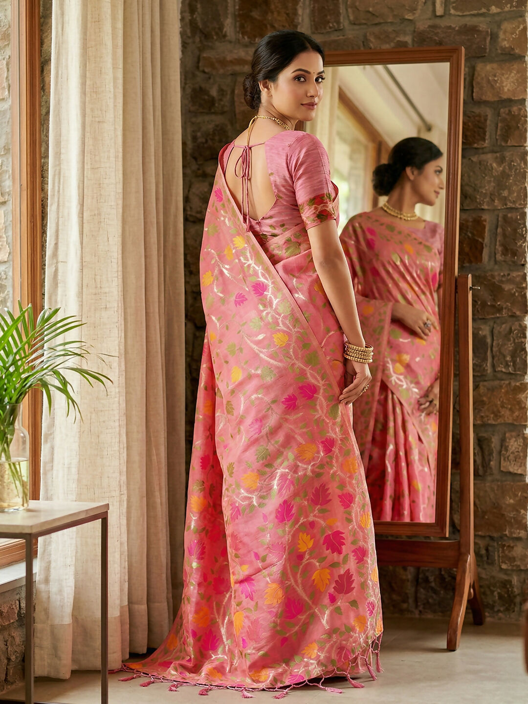 Shree Shyam Fashion Pink Linen Cotton Saree
