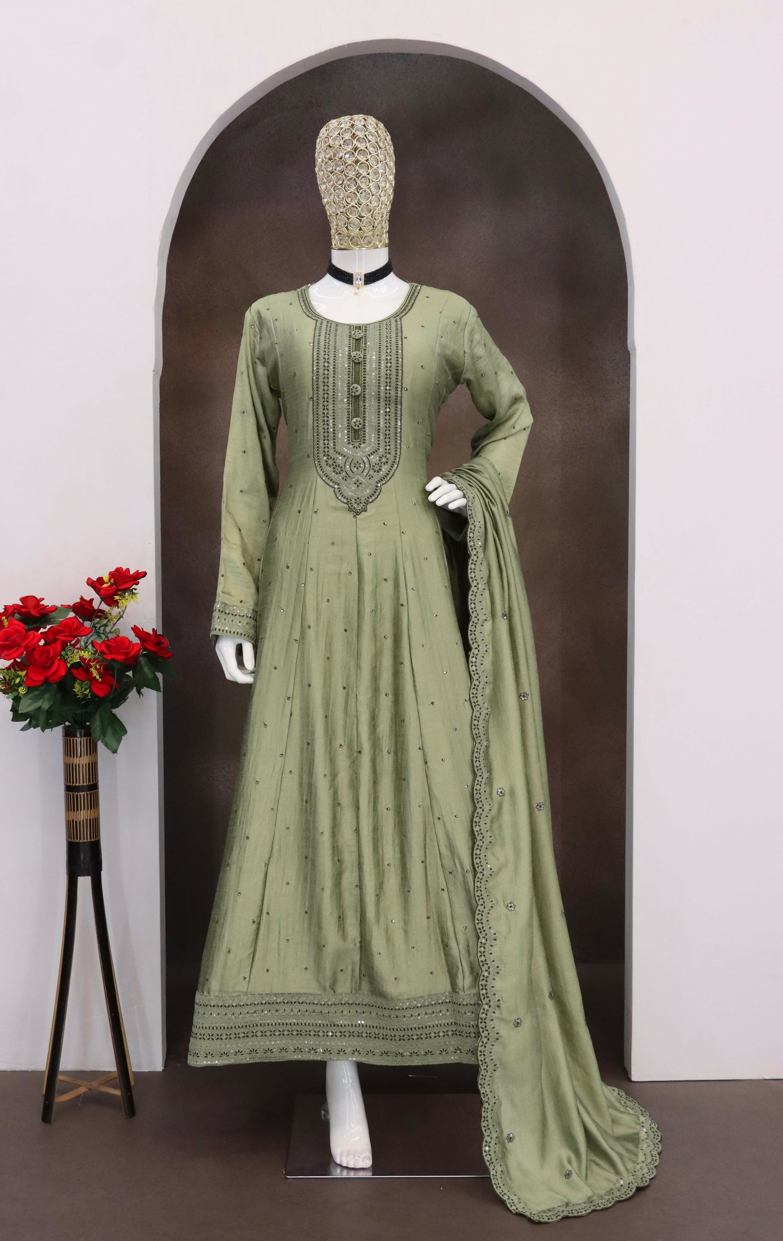 Teeya Creation Mehendi Color Heavy Vichitra Silk Embroidery Work Long Gown