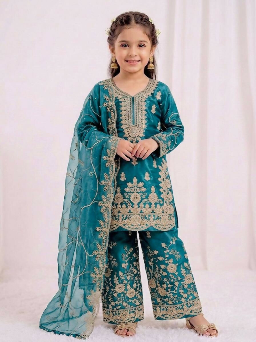 Teeya Creation Girls Heavy Embroidery Turquoise Ethnic Kurta And Palazzo Set With Net Dupatta