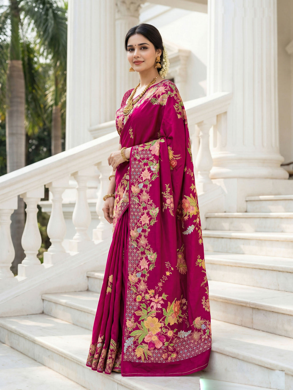 Aastha Fashion Rani Pink Premium Russian Silk Designer Floral Position Print Saree