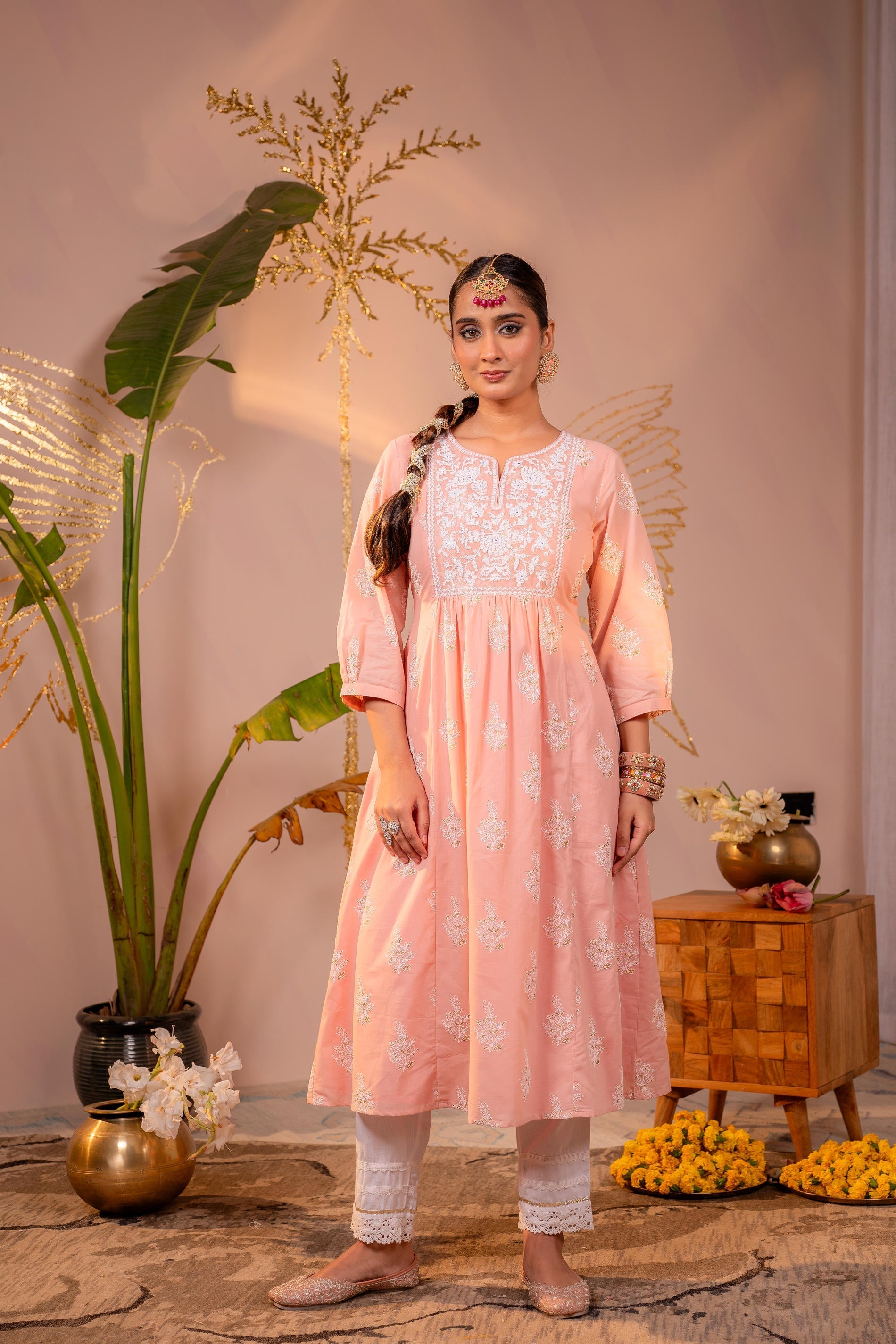 Juniper Gulnaar Peach Embroidered Kurta