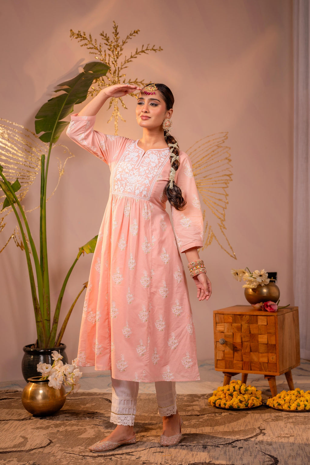 Juniper Gulnaar Peach Embroidered Kurta