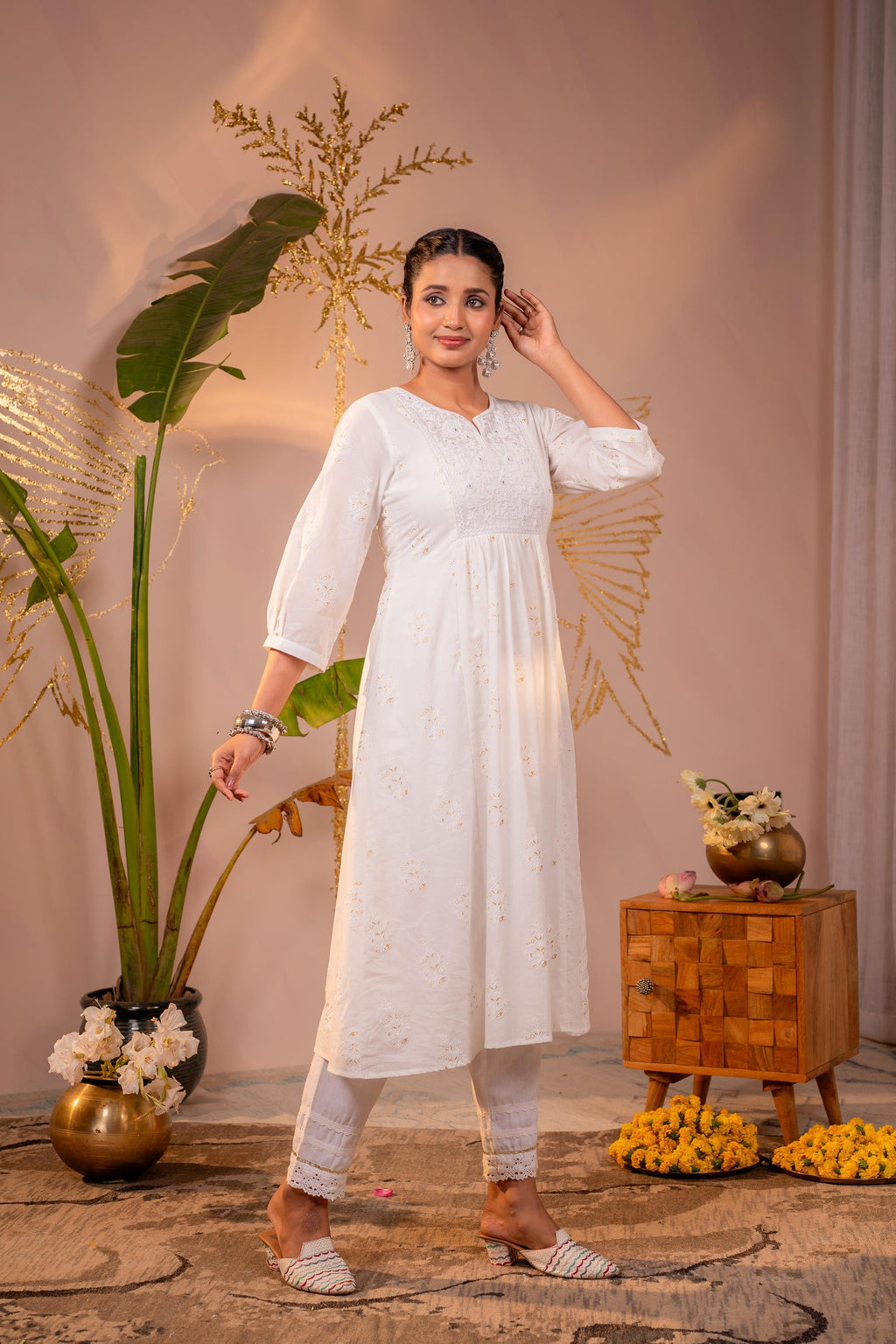 Juniper Cotton White Embroidered Kurta