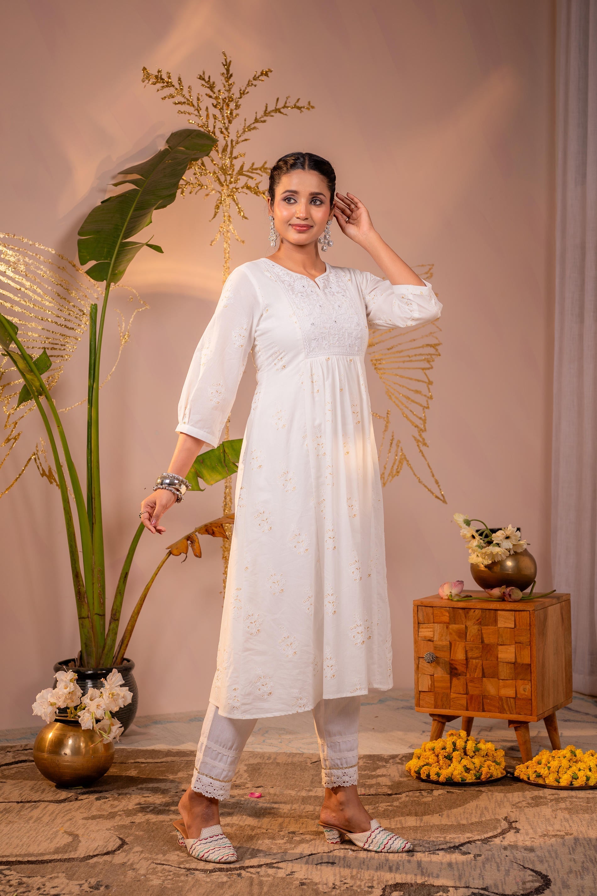 Juniper Cotton White Embroidered Kurta