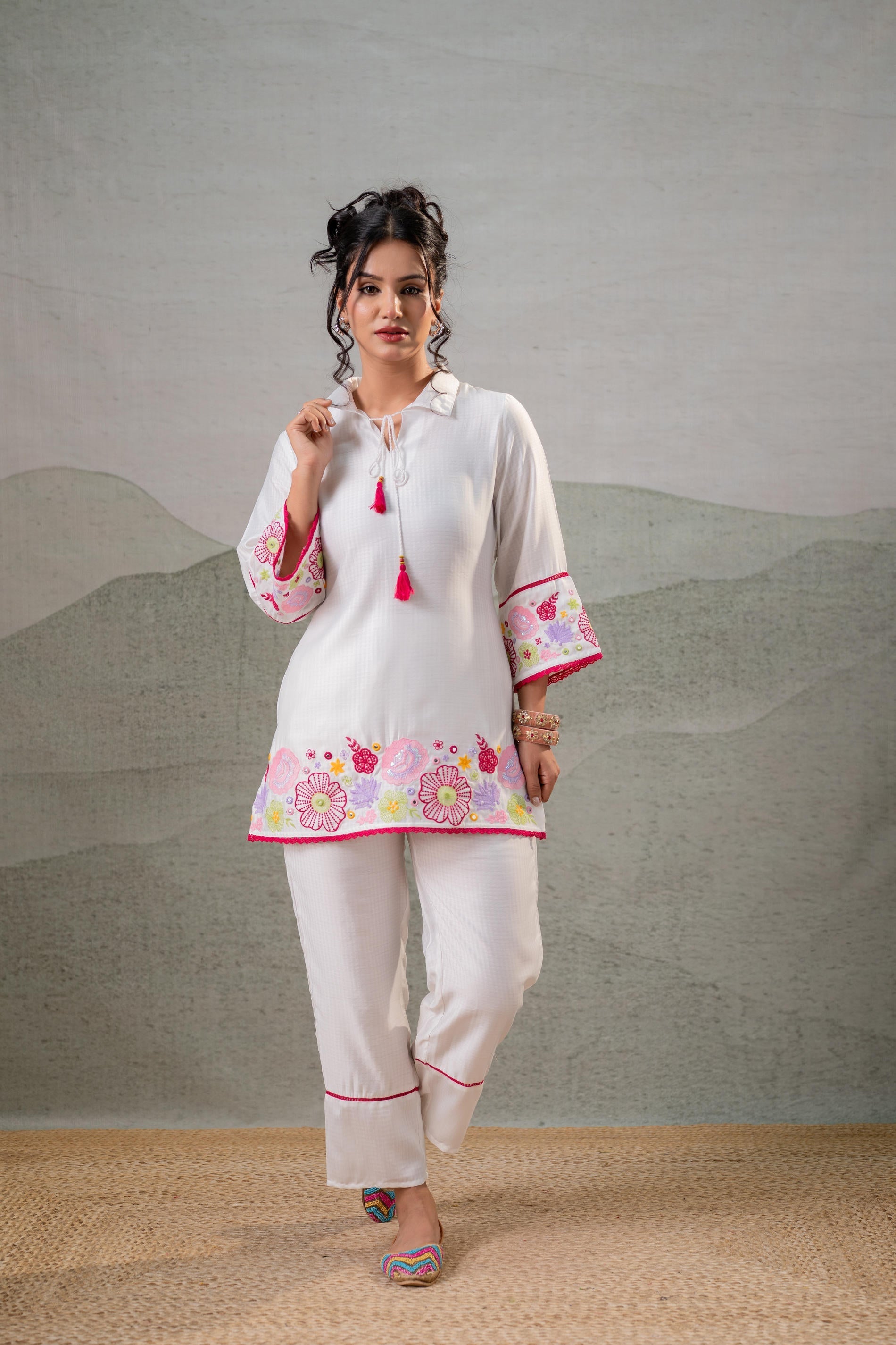 Juniper White Bloom Tassel Kurta Co-Ord
