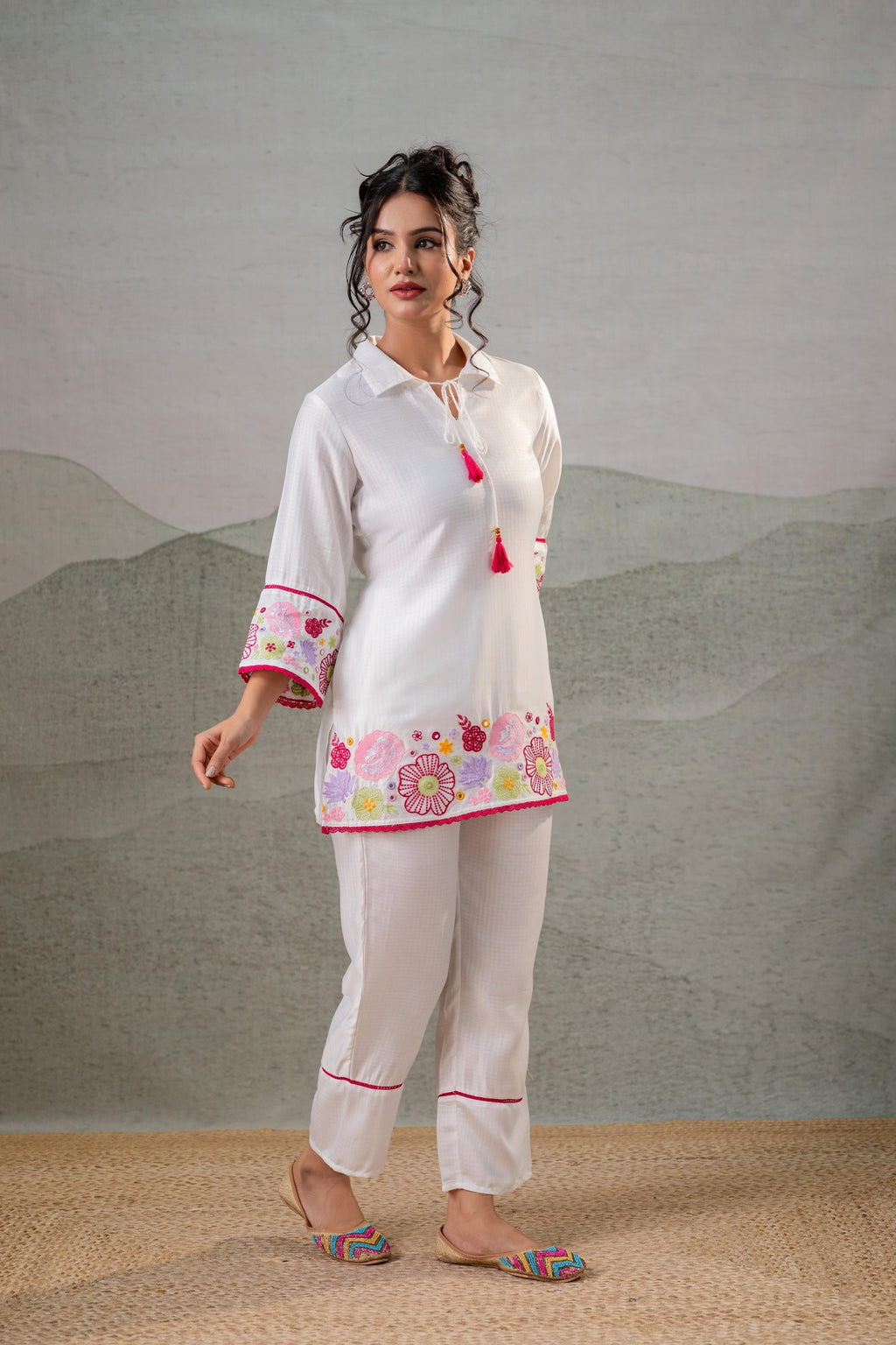 Juniper White Bloom Tassel Kurta Co-Ord