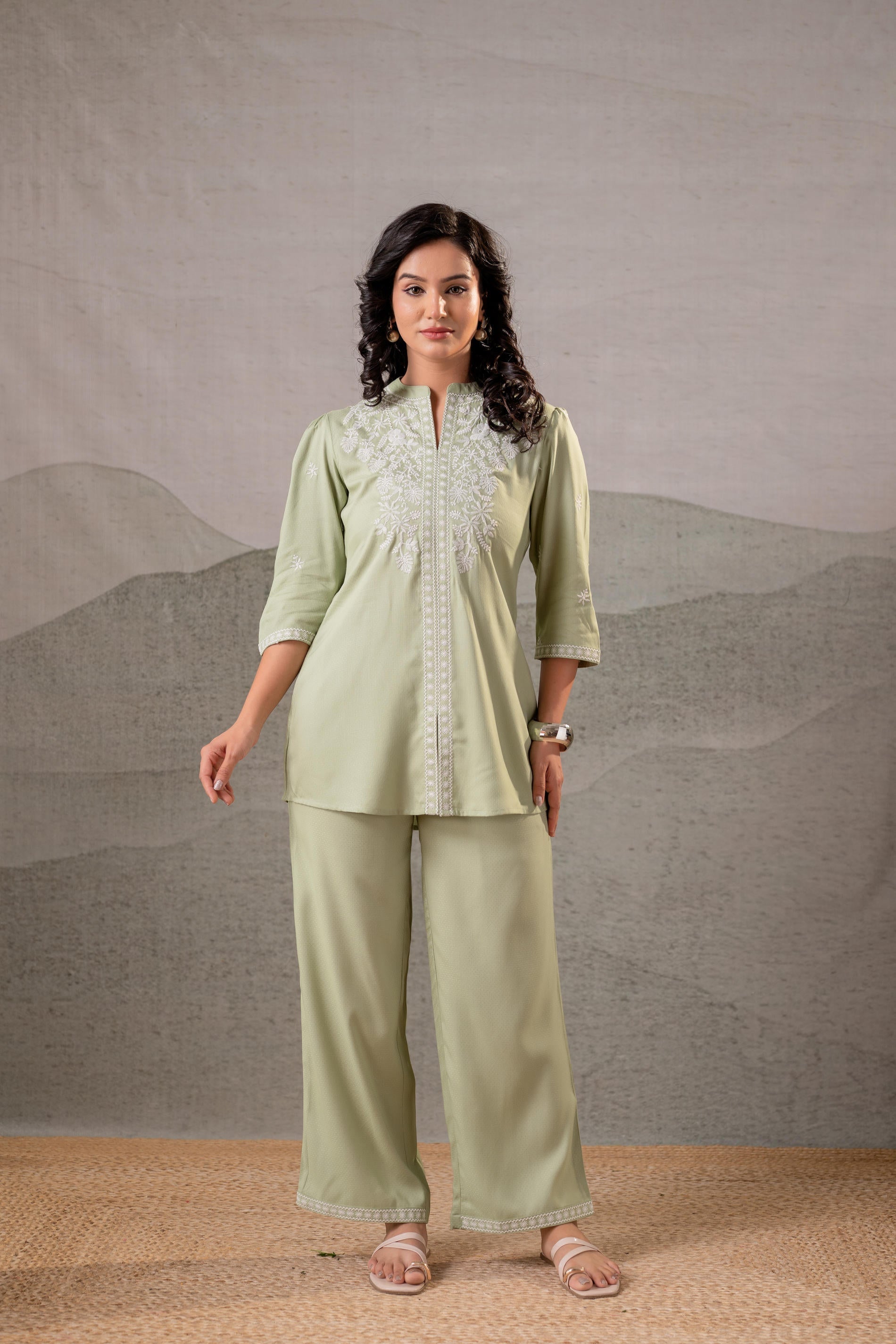Juniper Pistachio Bloom SageGreen Embroidered Co-Ord Set
