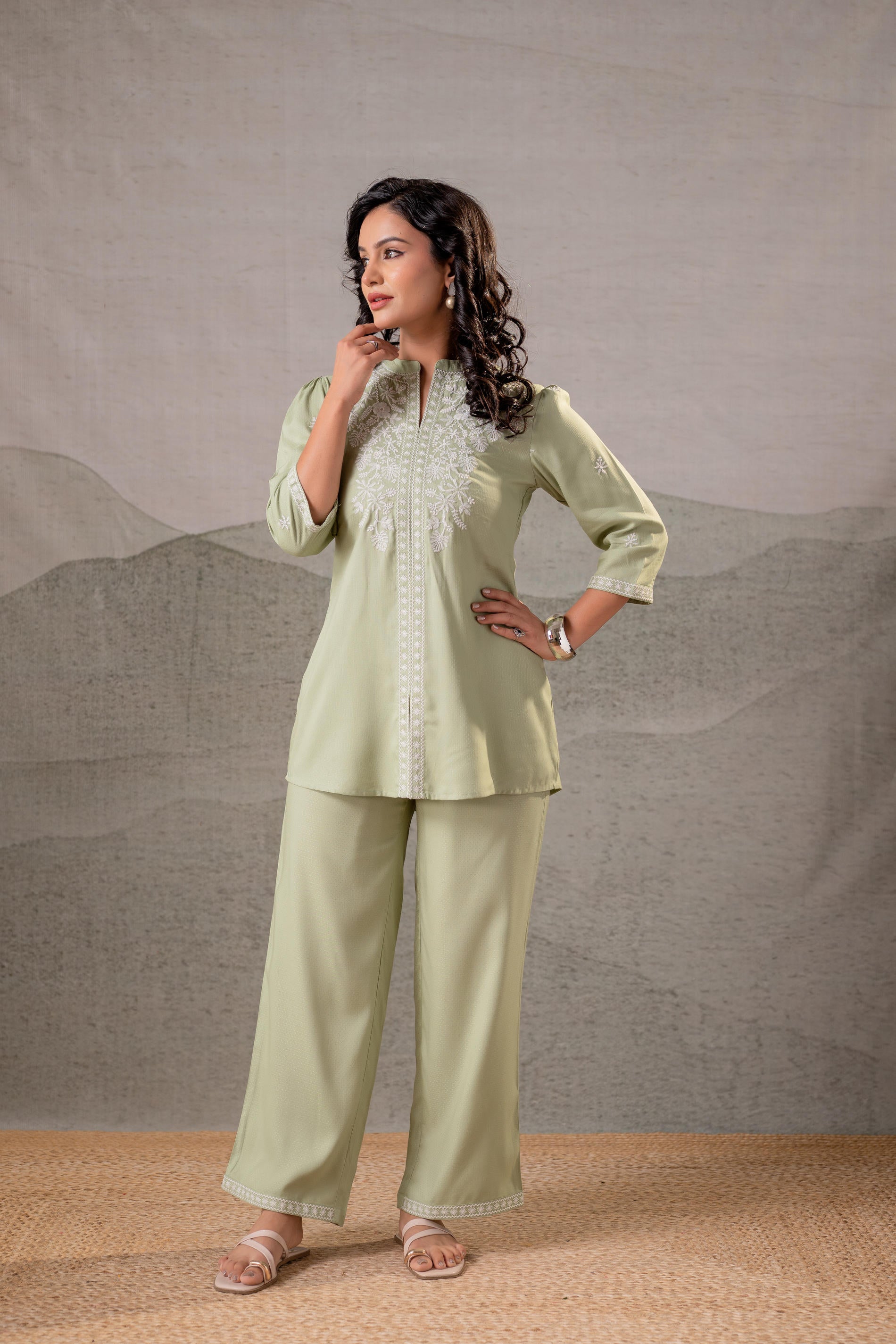 Juniper Pistachio Bloom SageGreen Embroidered Co-Ord Set
