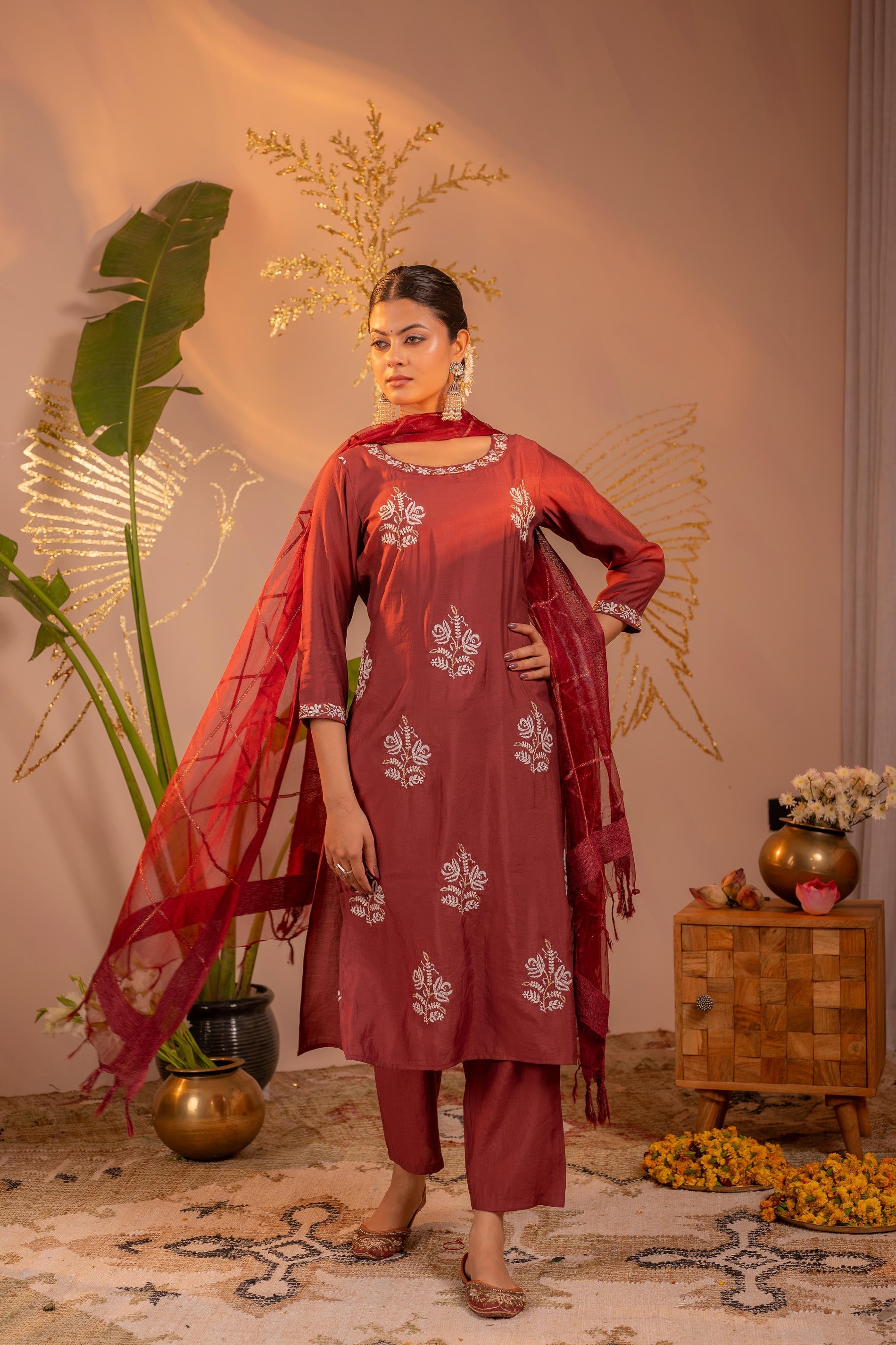 Juniper Rosegold Blossom -Pinted Kurta Pant And Dupatta Set
