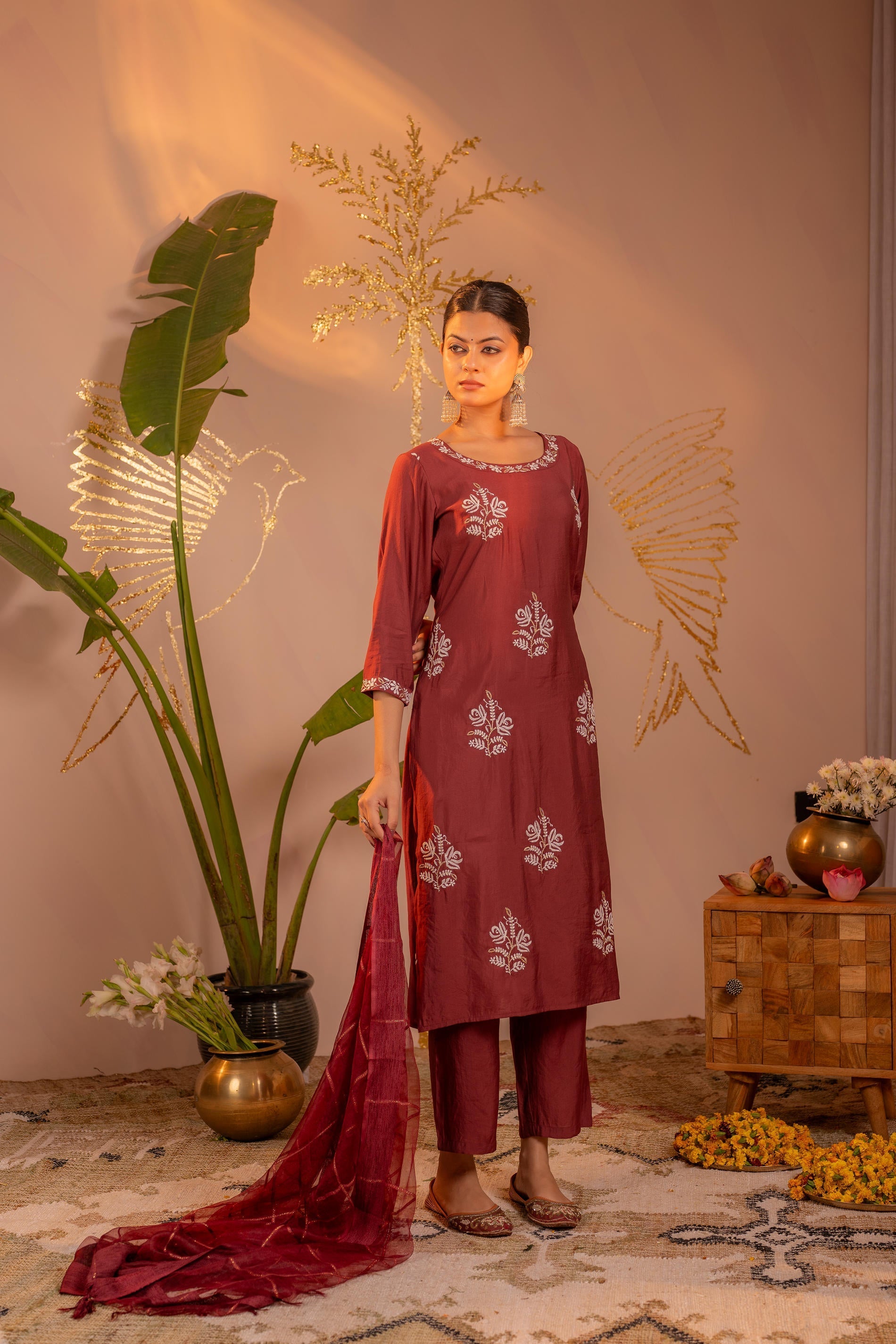 Juniper Rosegold Blossom -Pinted Kurta Pant And Dupatta Set