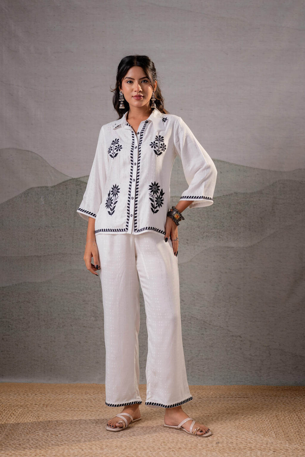 Juniper Noir Flora White & Black Embroidered Co-Ord Set