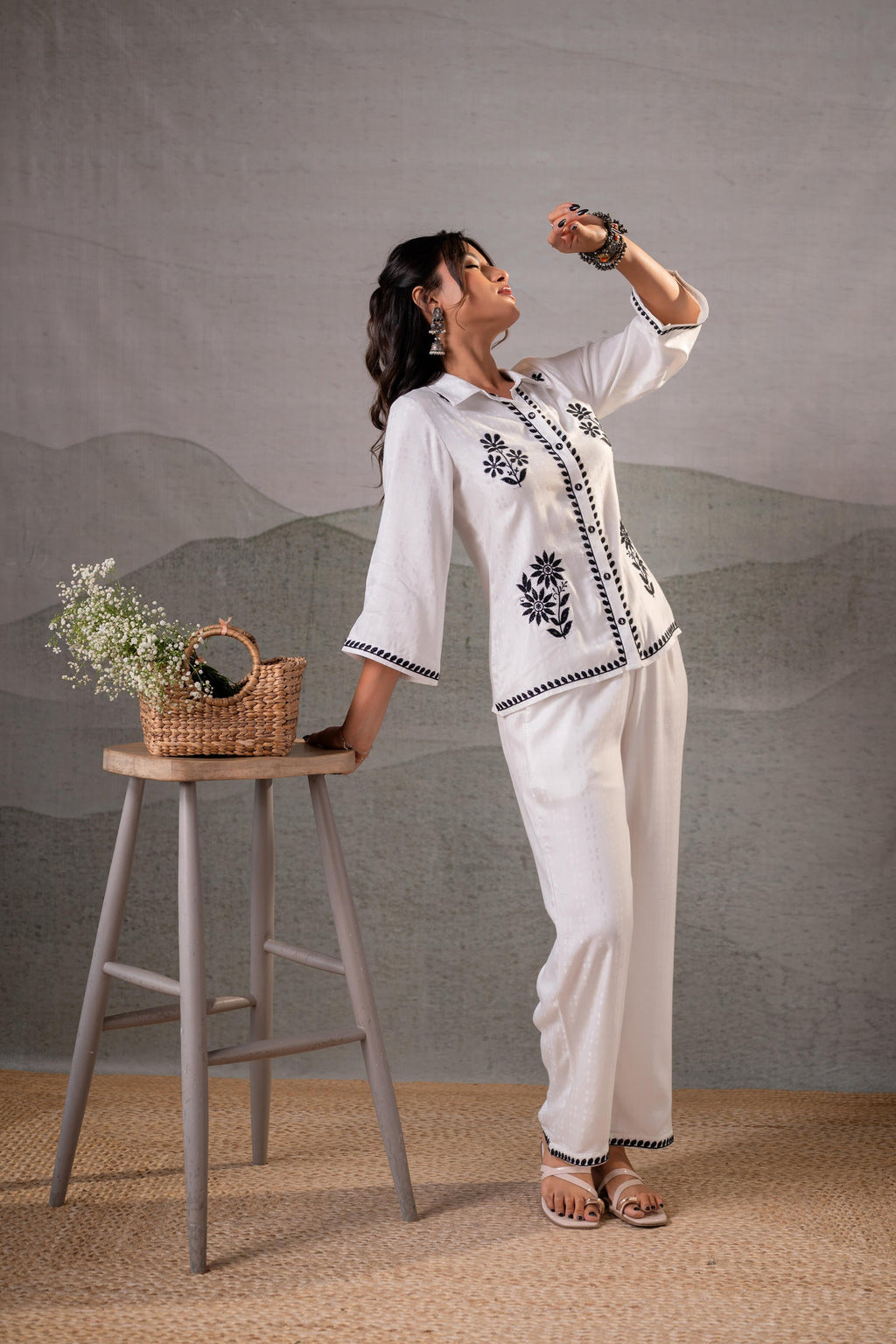 Juniper Noir Flora White & Black Embroidered Co-Ord Set