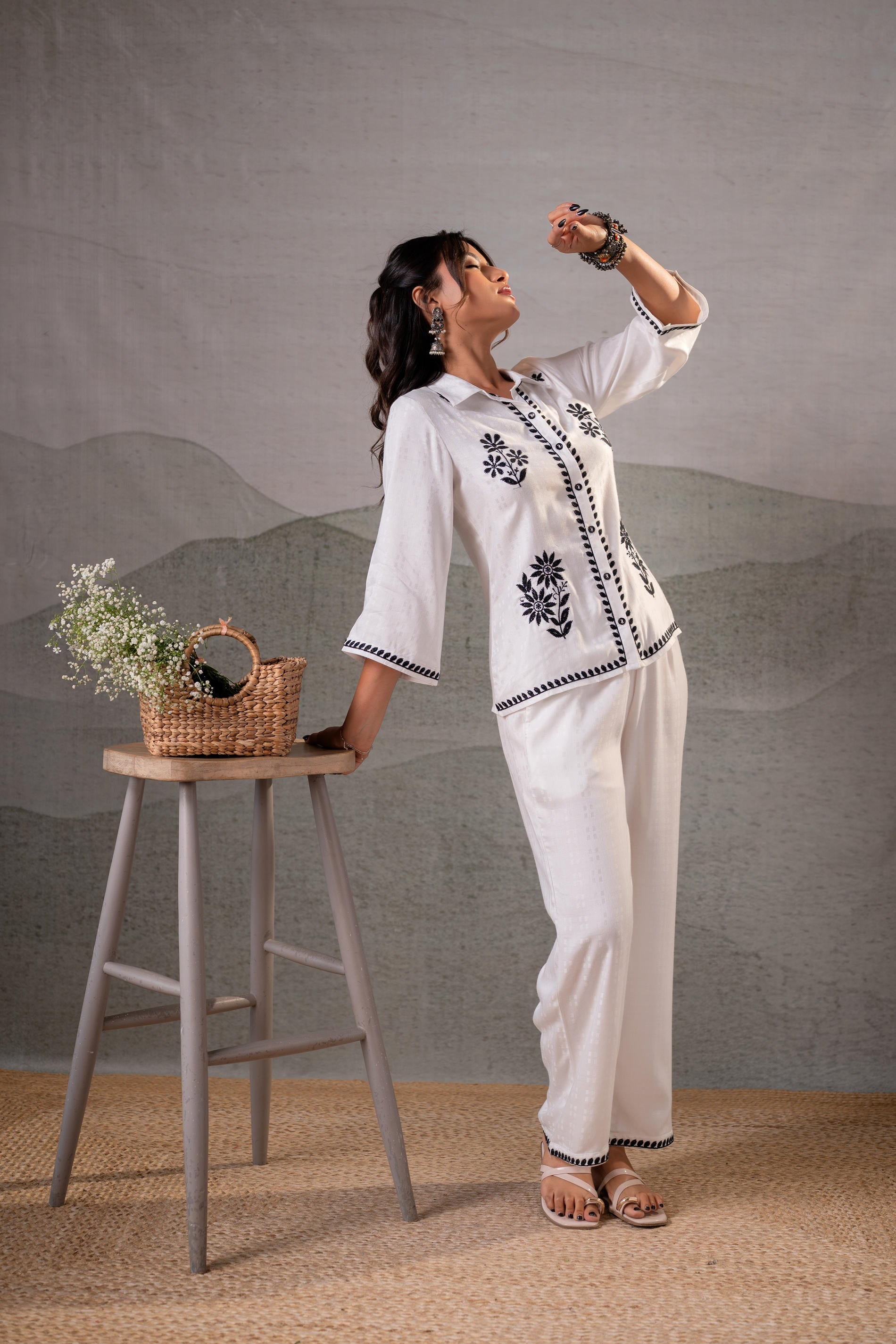 Juniper Noir Flora White & Black Embroidered Co-Ord Set