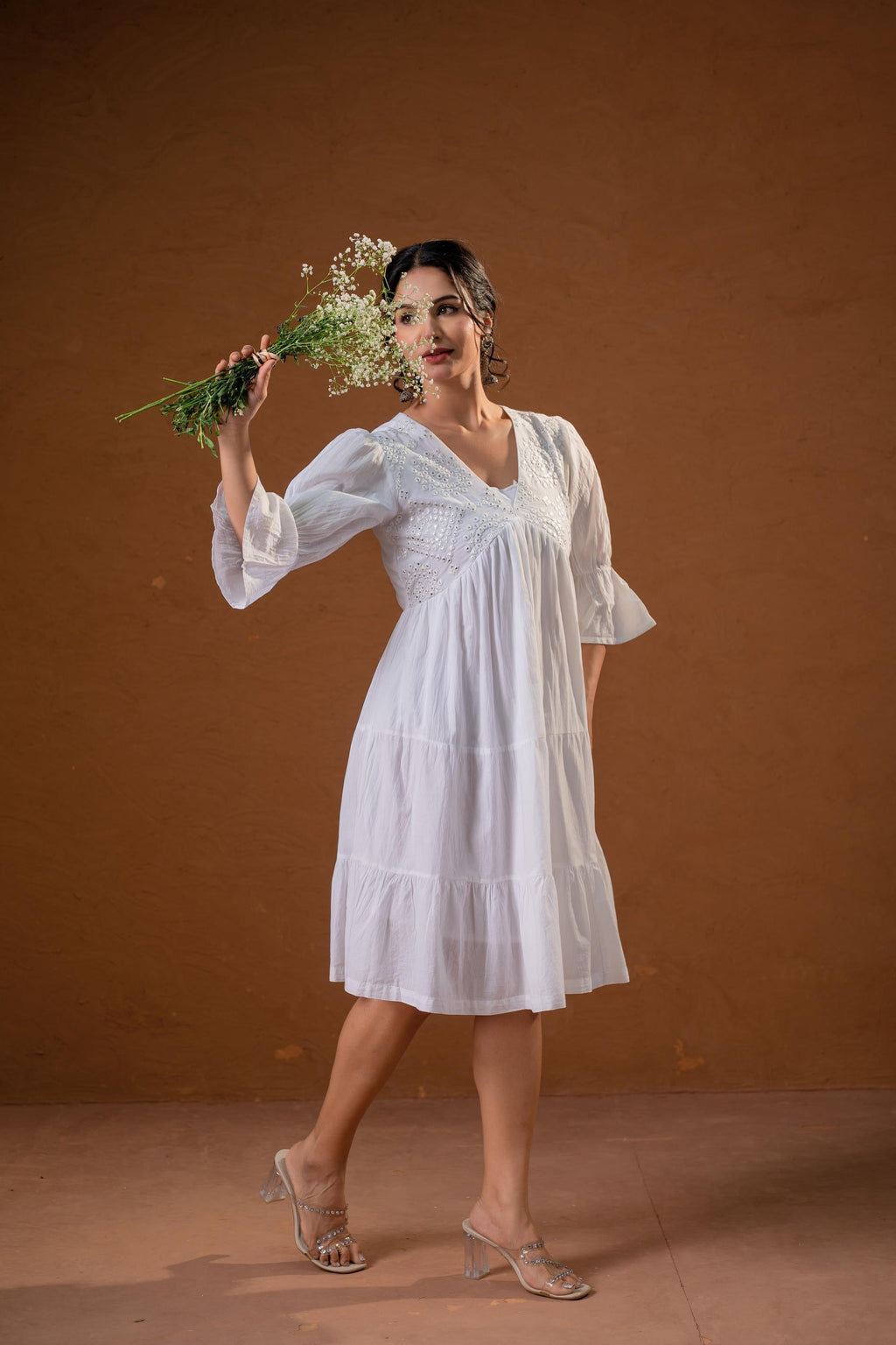 Juniper White Cotton Fit & Flare Midi Dress