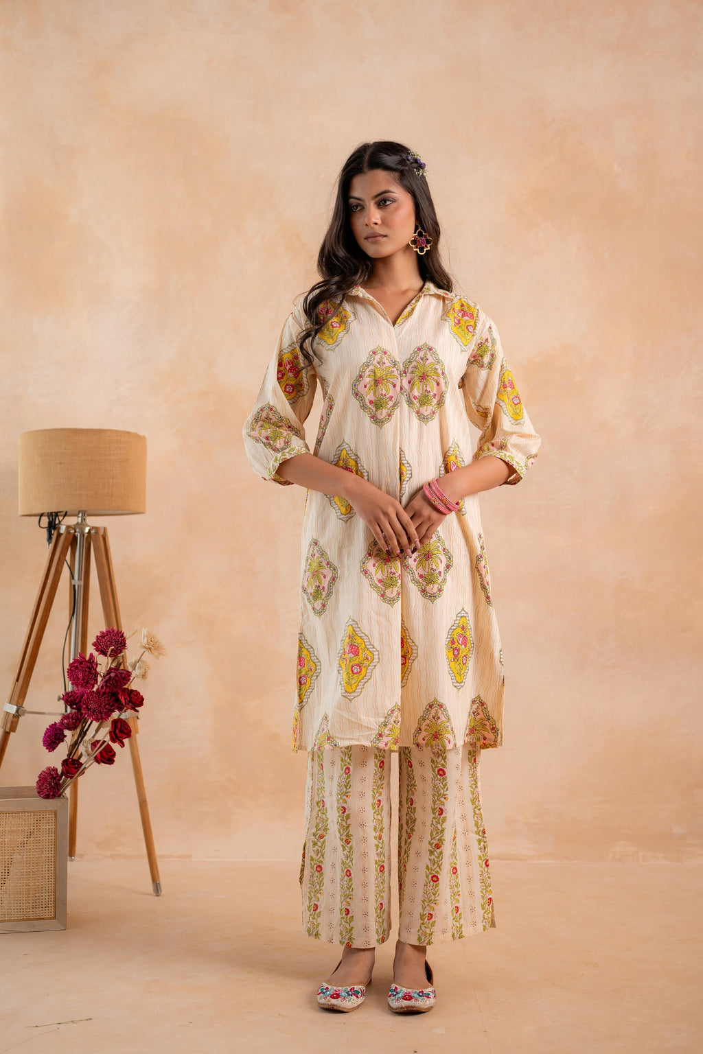 Juniper Beige Heritage Print Kurta And Pant Set