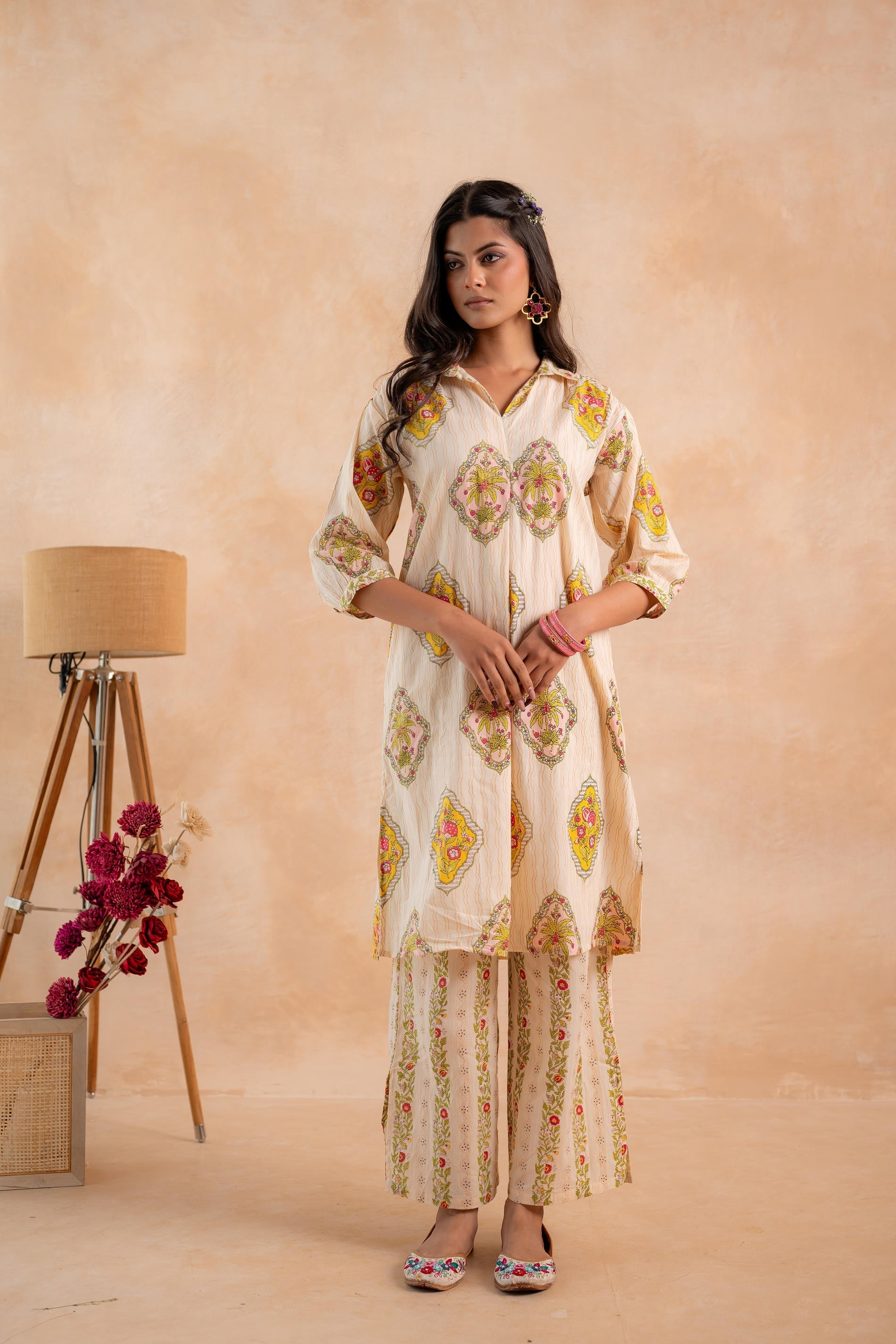 Juniper Beige Heritage Print Kurta And Pant Set
