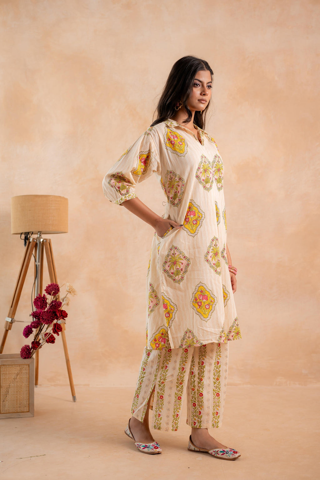 Juniper Beige Heritage Print Kurta And Pant Set