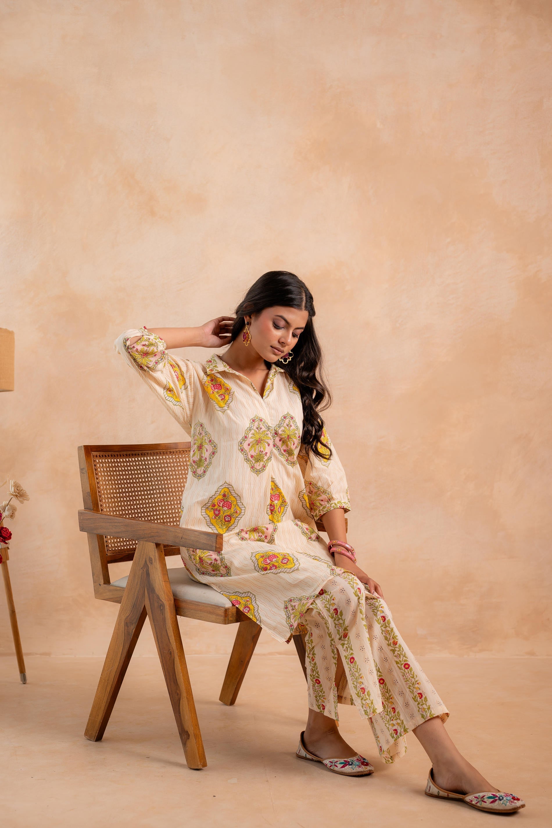 Juniper Beige Heritage Print Kurta And Pant Set