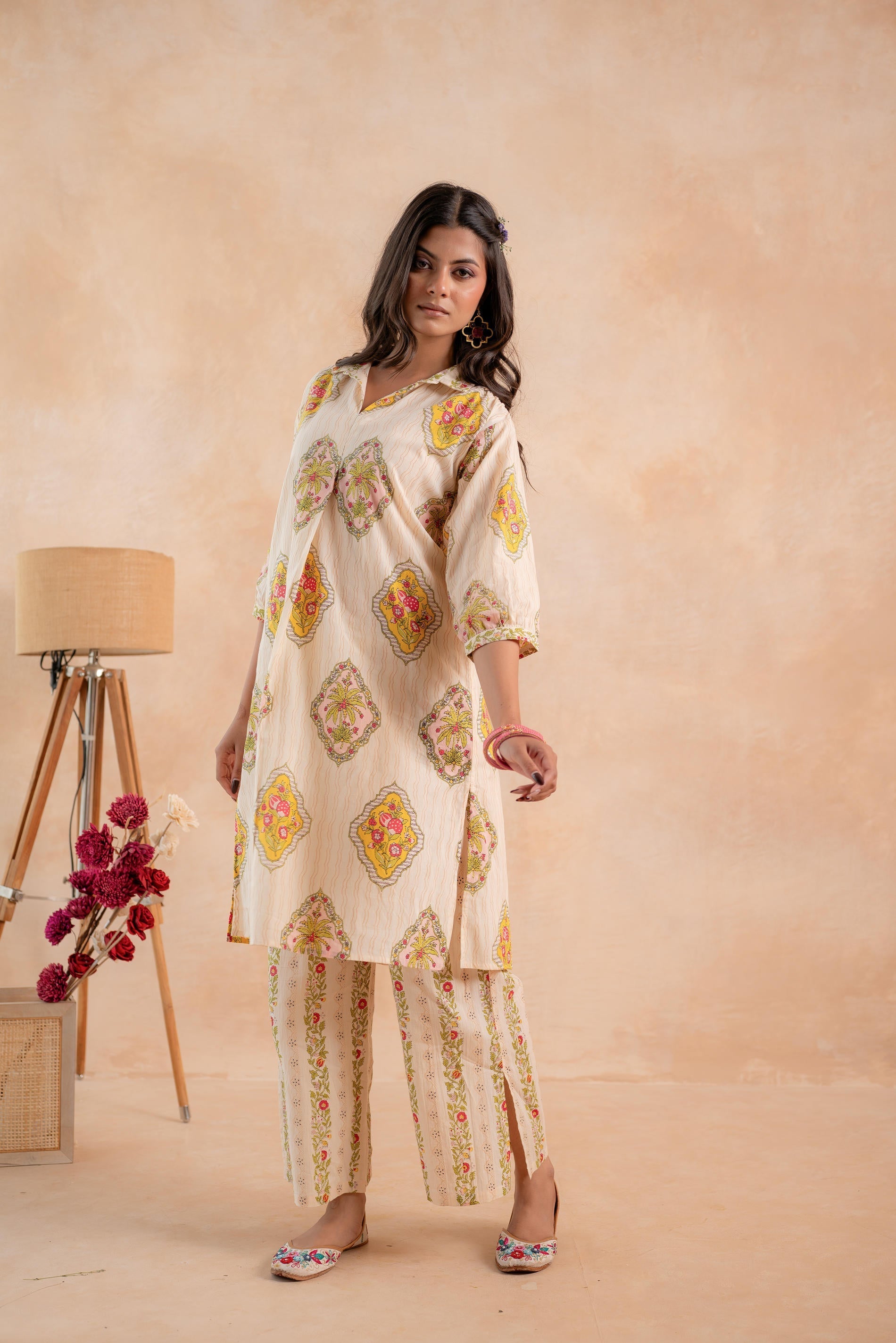 Juniper Beige Heritage Print Kurta And Pant Set