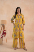 Juniper Mustard Heritage Print Kurta And Pant Set
