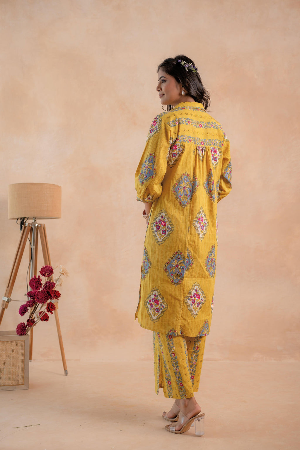 Juniper Mustard Heritage Print Kurta And Pant Set