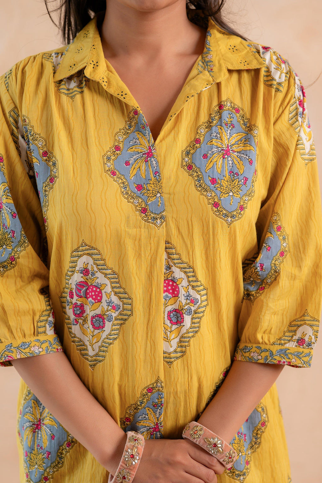Juniper Mustard Heritage Print Kurta And Pant Set
