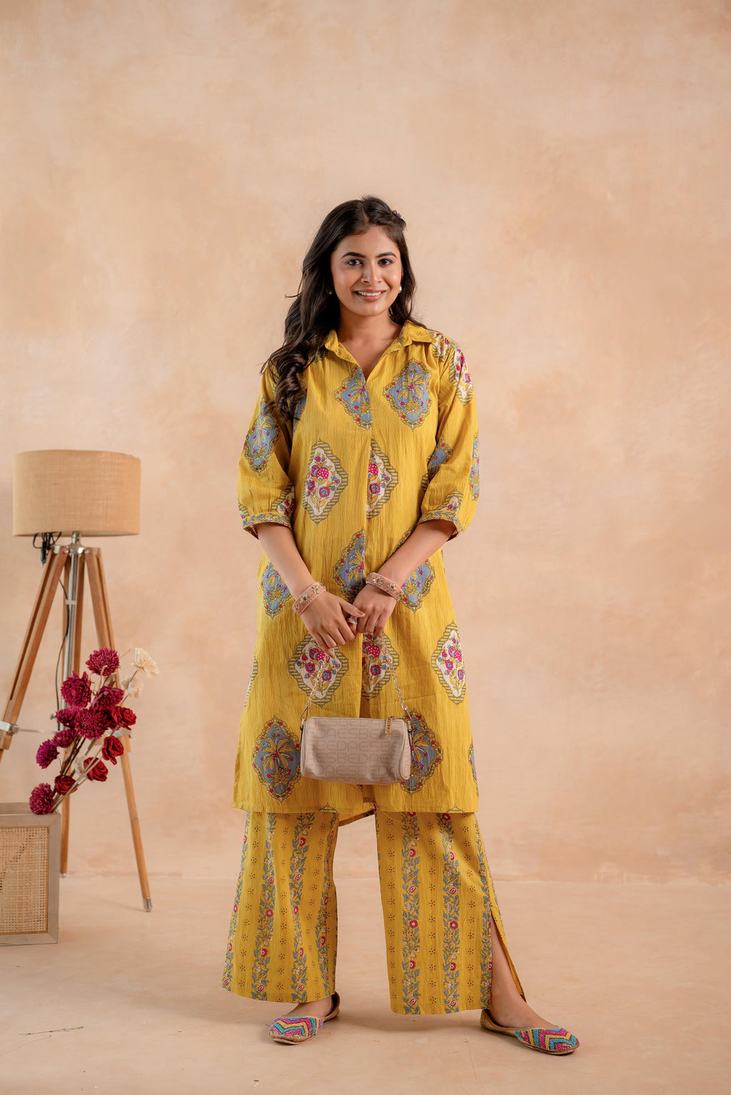 Juniper Mustard Heritage Print Kurta And Pant Set