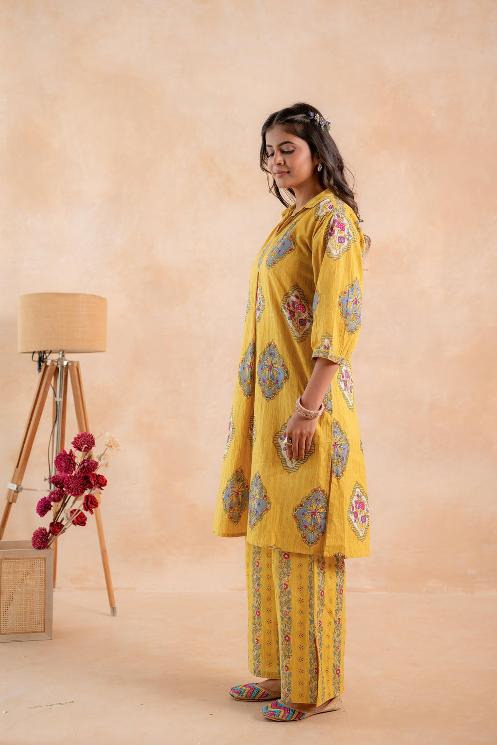 Juniper Mustard Heritage Print Kurta And Pant Set