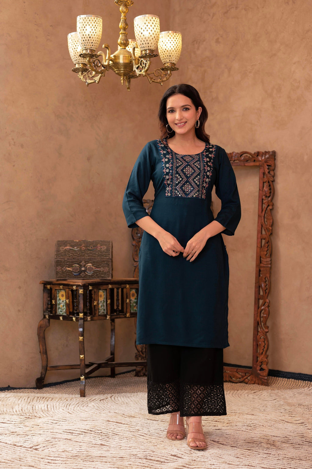 Juniper Dark Green Straight Kurta With Geometric Embroidered Yoke