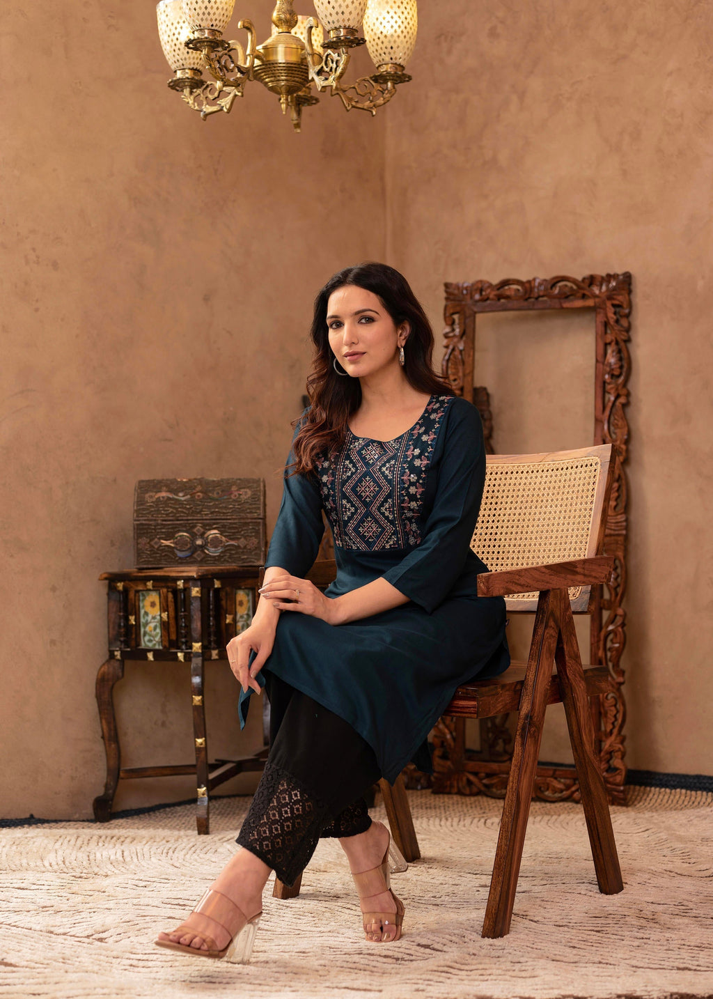 Juniper Dark Green Straight Kurta With Geometric Embroidered Yoke