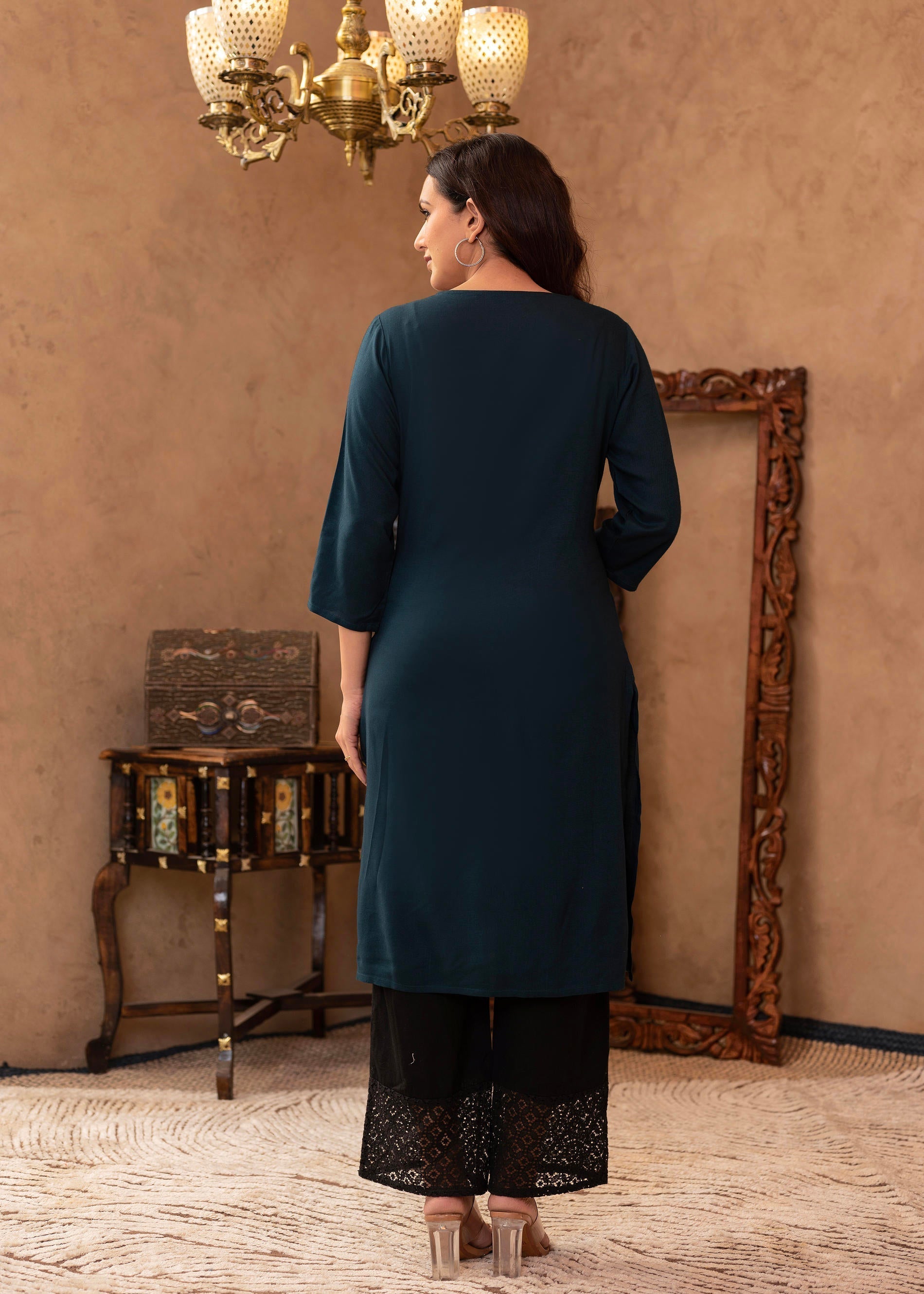 Juniper Dark Green Straight Kurta With Geometric Embroidered Yoke