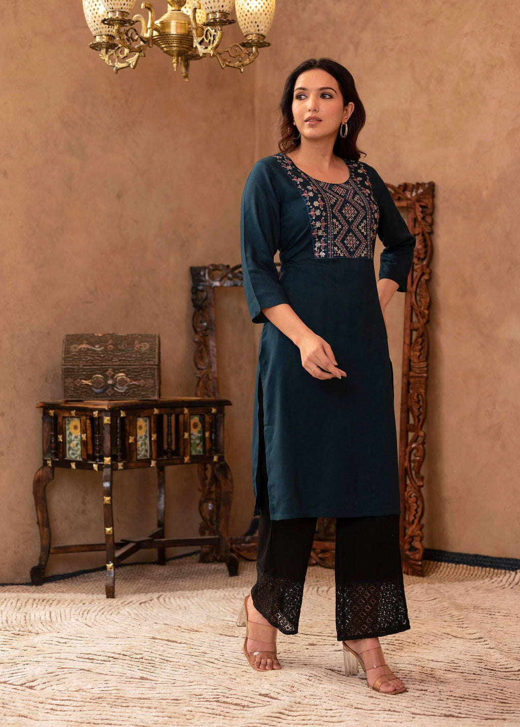 Juniper Dark Green Straight Kurta With Geometric Embroidered Yoke