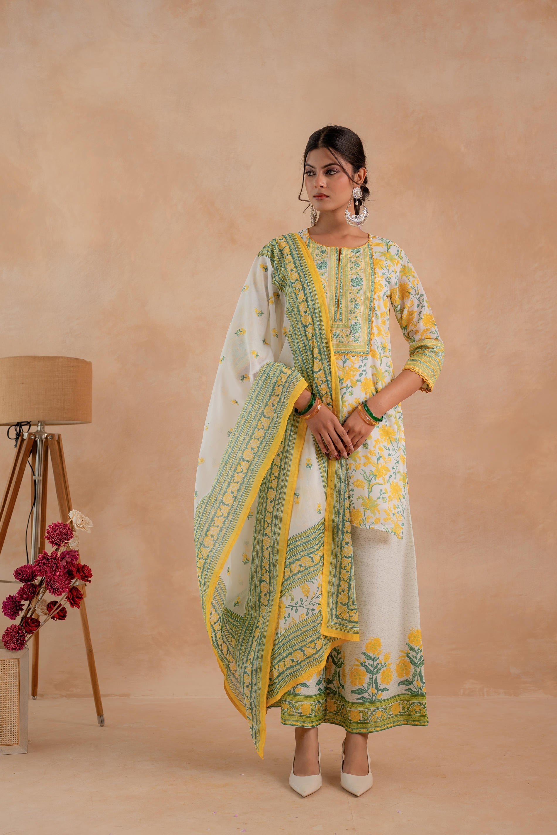 Juniper Gulbahaar Off-White Floral Printed Kurta Palazzo And Dupatta Set