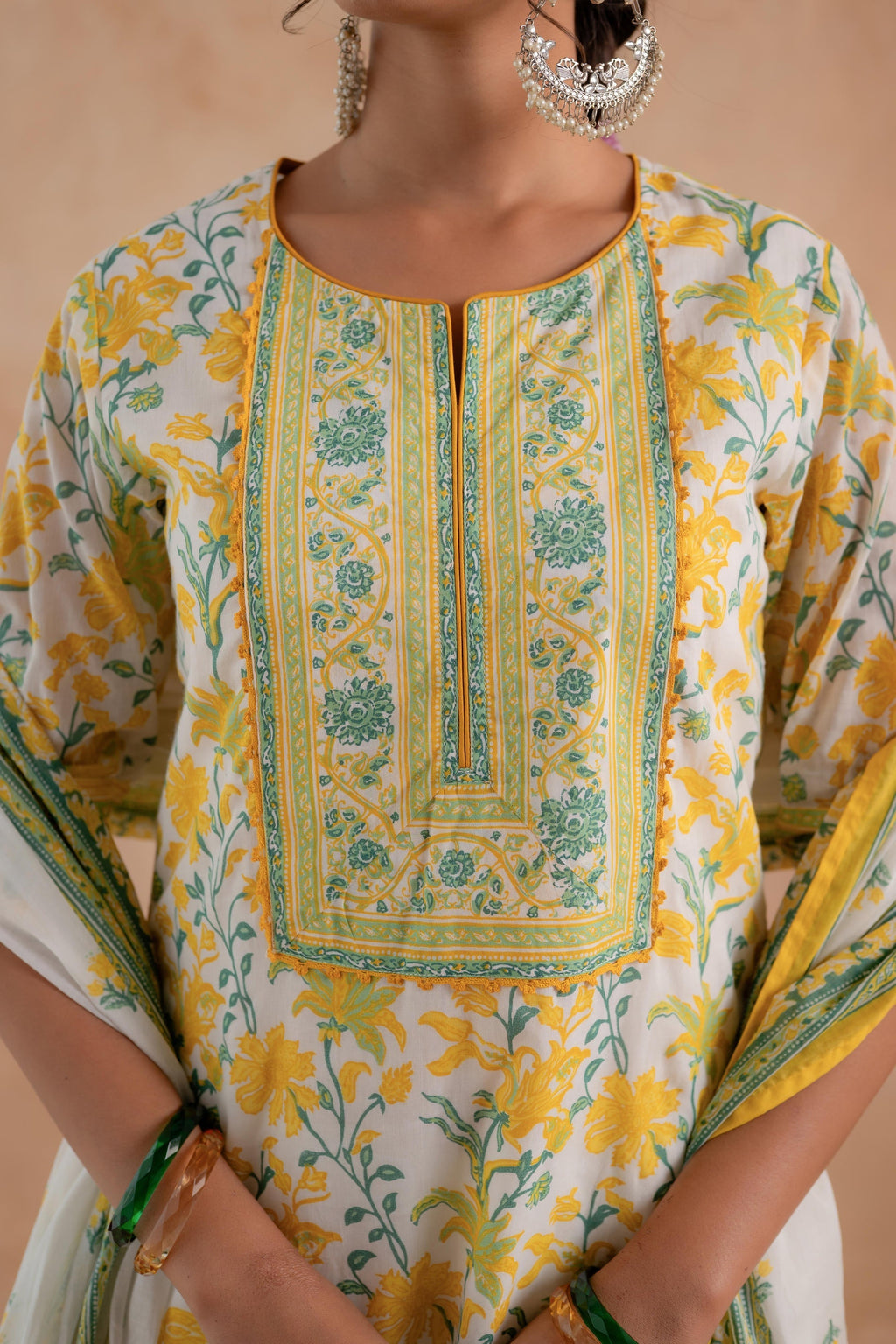 Juniper Gulbahaar Off-White Floral Printed Kurta Palazzo And Dupatta Set