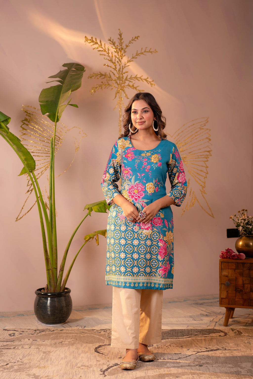 Juniper Blue Floral Printed Straight Kurta With Mughal Motifs