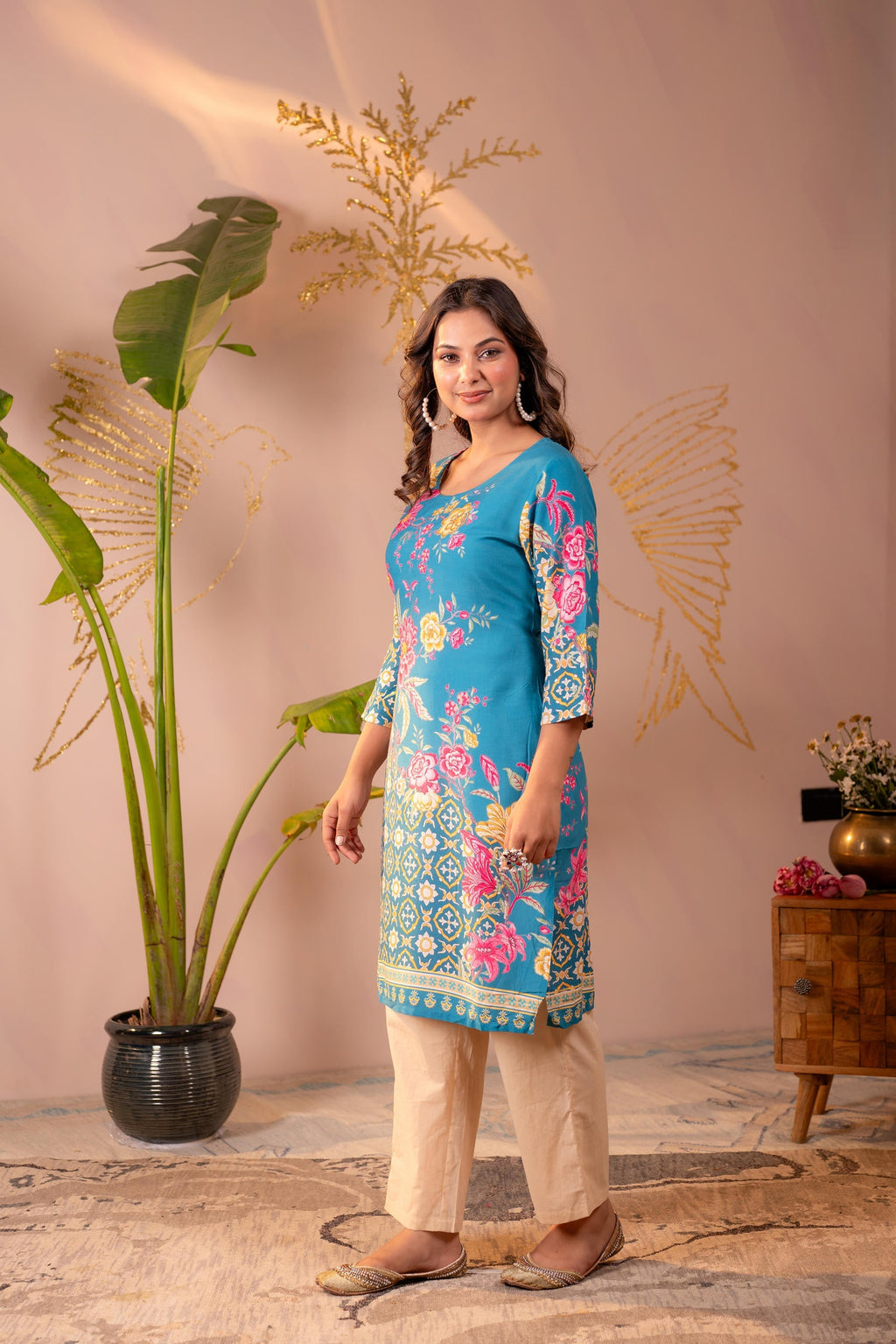 Juniper Blue Floral Printed Straight Kurta With Mughal Motifs