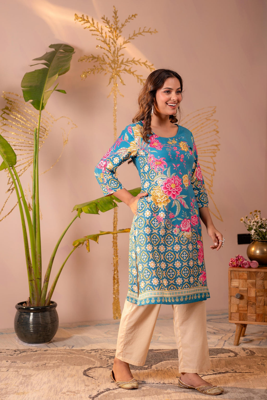Juniper Blue Floral Printed Straight Kurta With Mughal Motifs