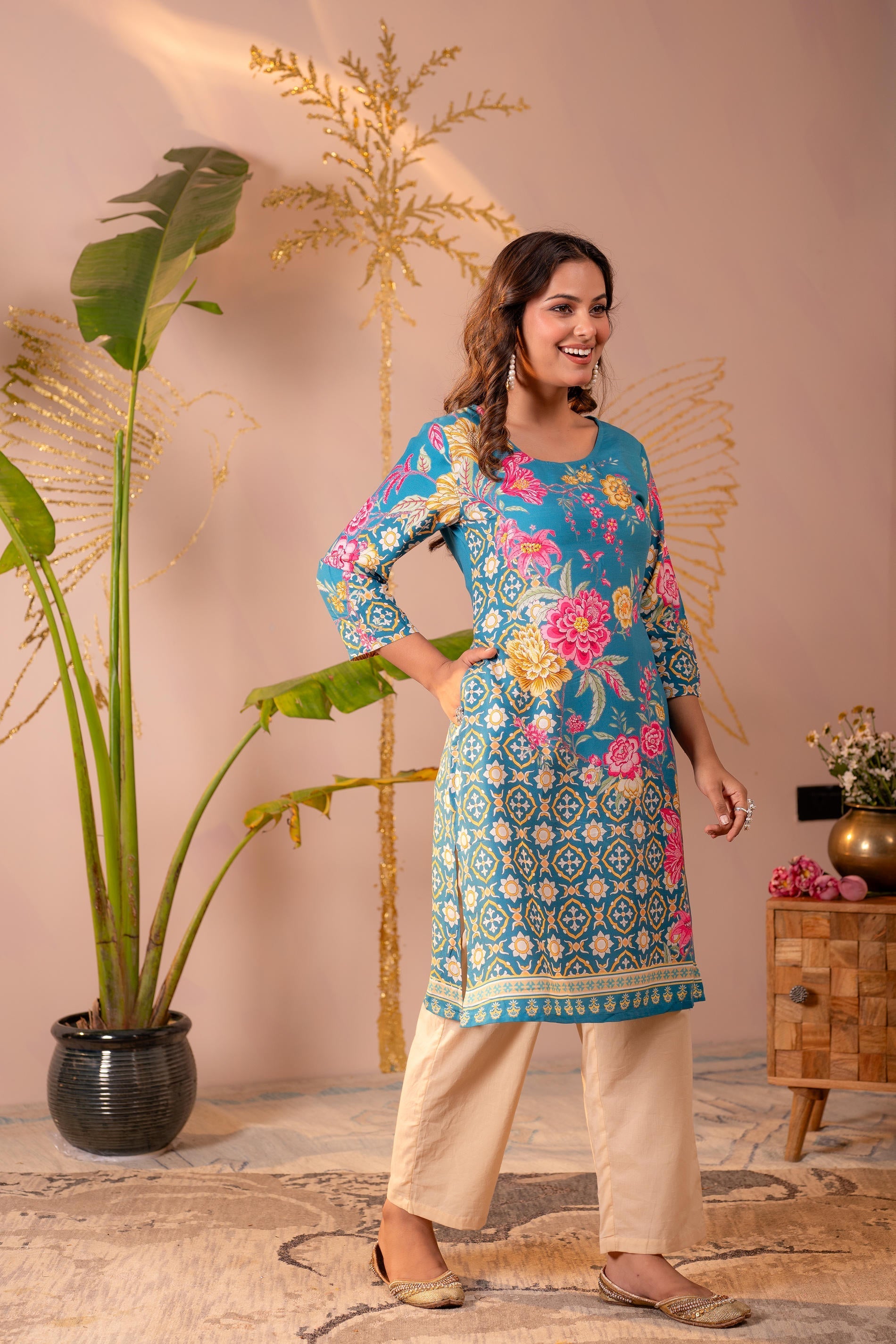 Juniper Blue Floral Printed Straight Kurta With Mughal Motifs