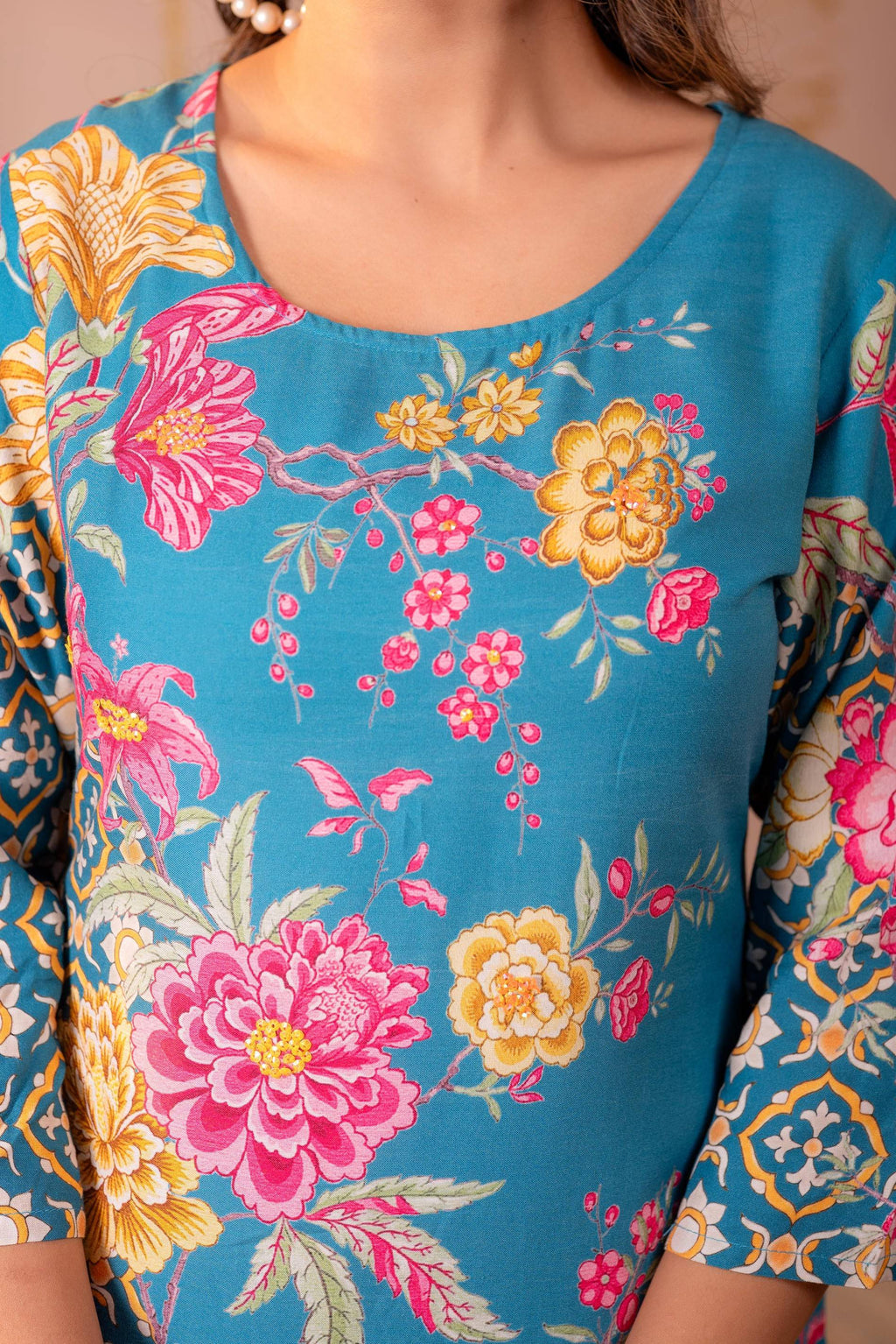 Juniper Blue Floral Printed Straight Kurta With Mughal Motifs
