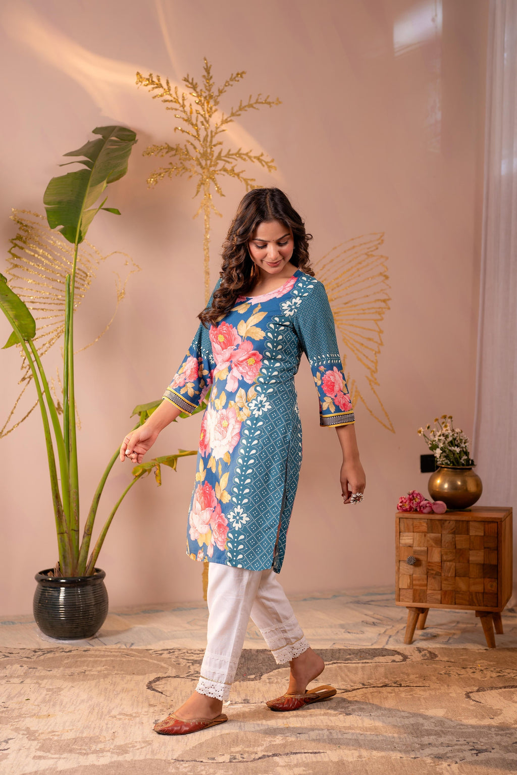 Juniper Blue Floral Printed Straight Kurta