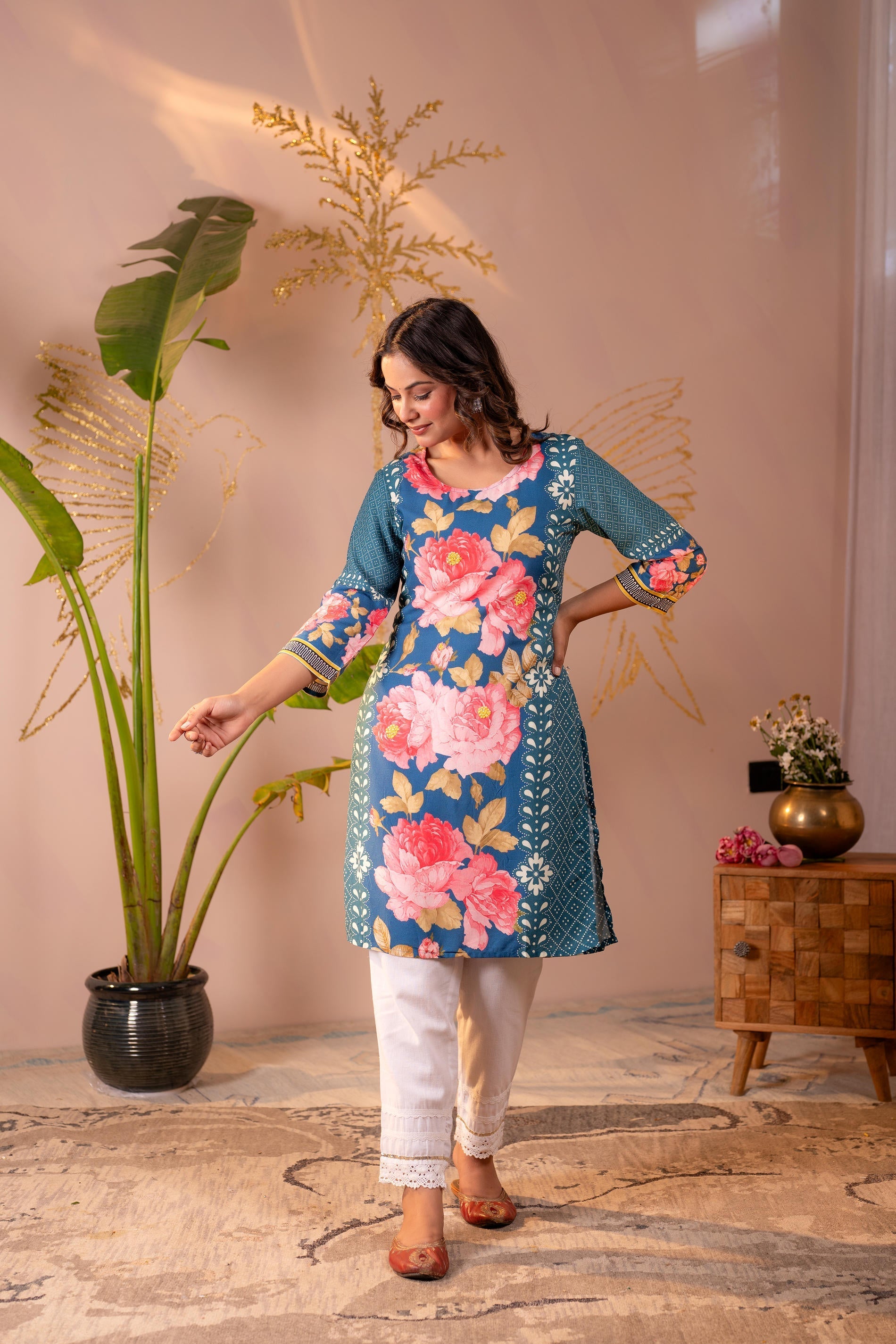 Juniper Blue Floral Printed Straight Kurta