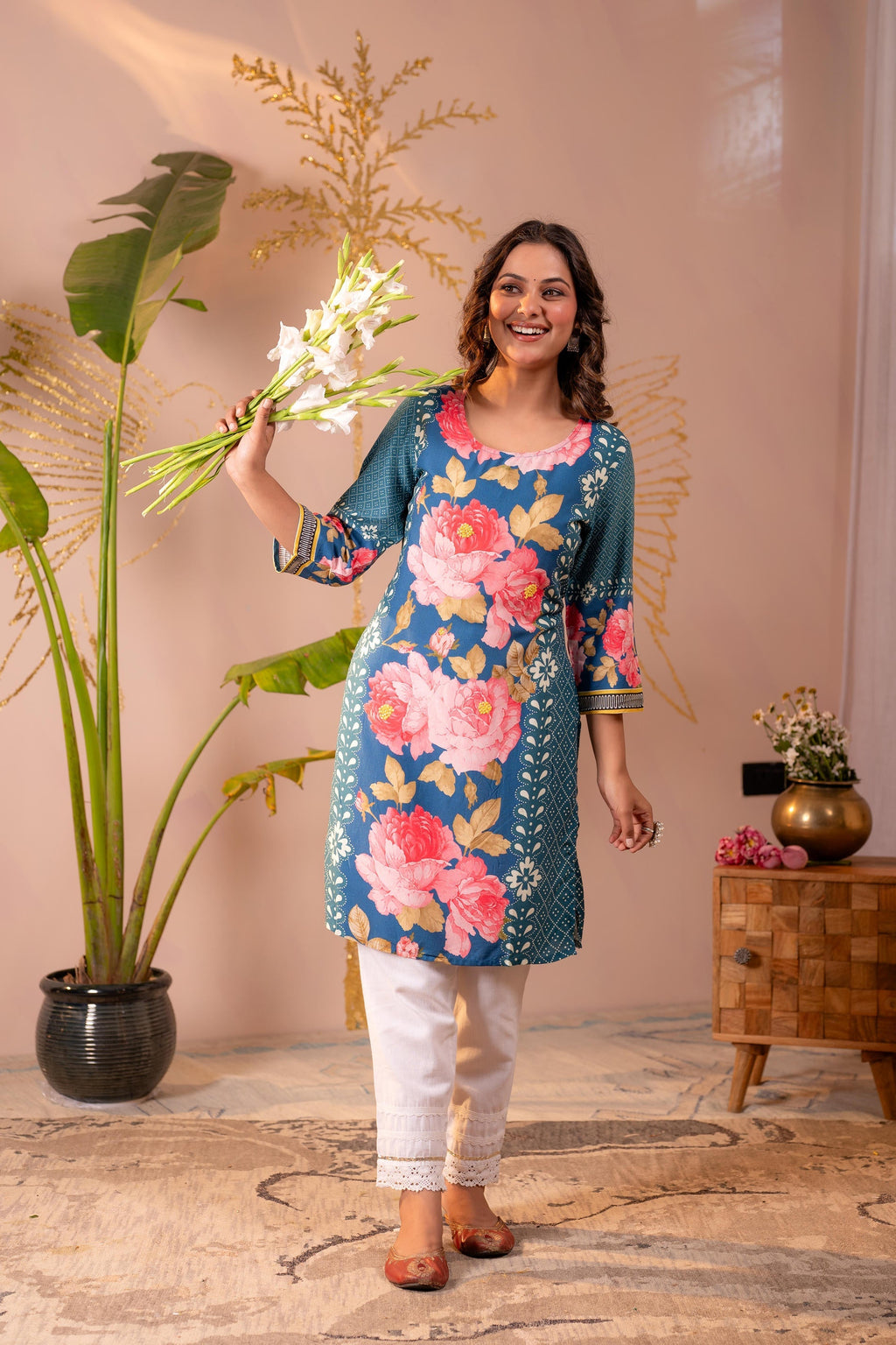 Juniper Blue Floral Printed Straight Kurta