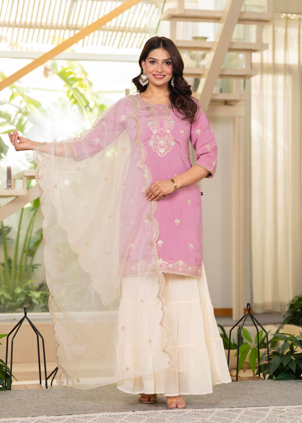 Juniper Pastel Pink Embroidered Kurta Set With Ivory Sharara And Dupatta