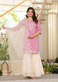 Juniper Pastel Pink Embroidered Kurta Set With Ivory Sharara And Dupatta