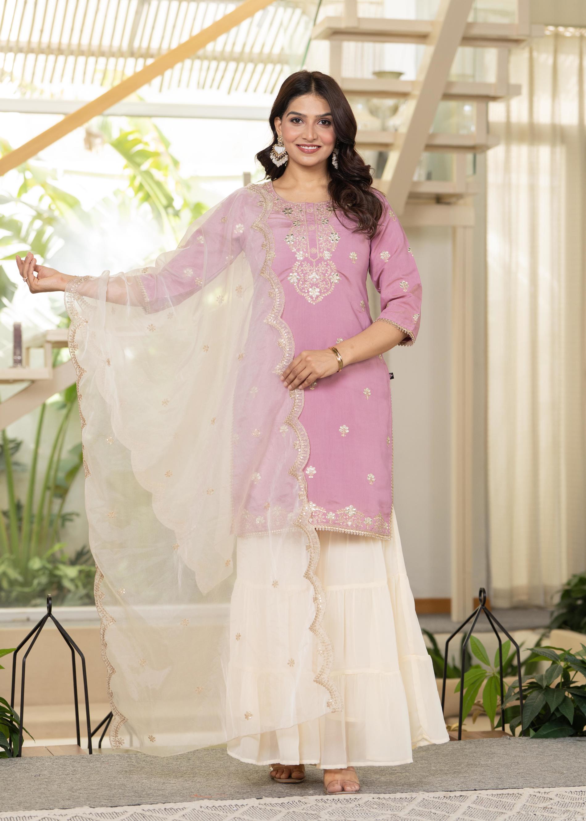 Juniper Pastel Pink Embroidered Kurta Set With Ivory Sharara And Dupatta